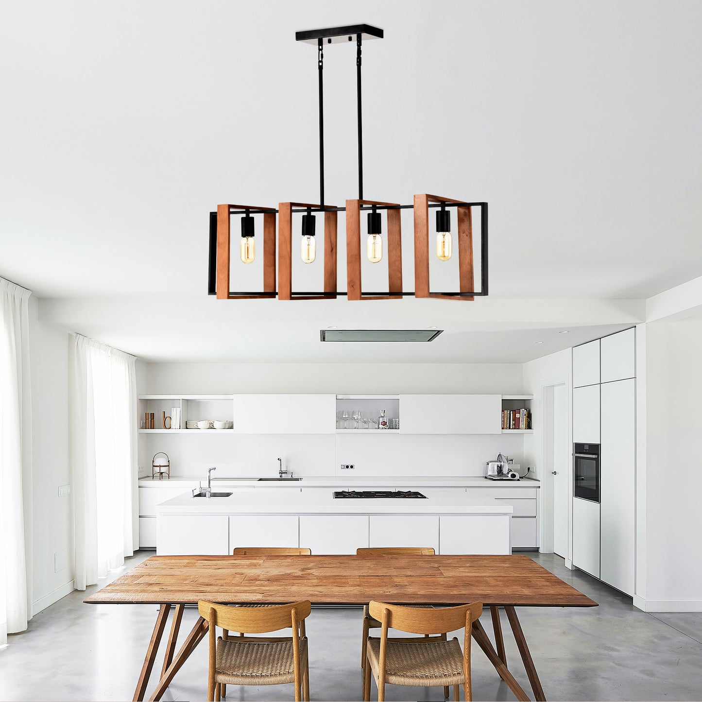 Modern rectangular pendant light with natural wood and black metal frame illuminating a dining area