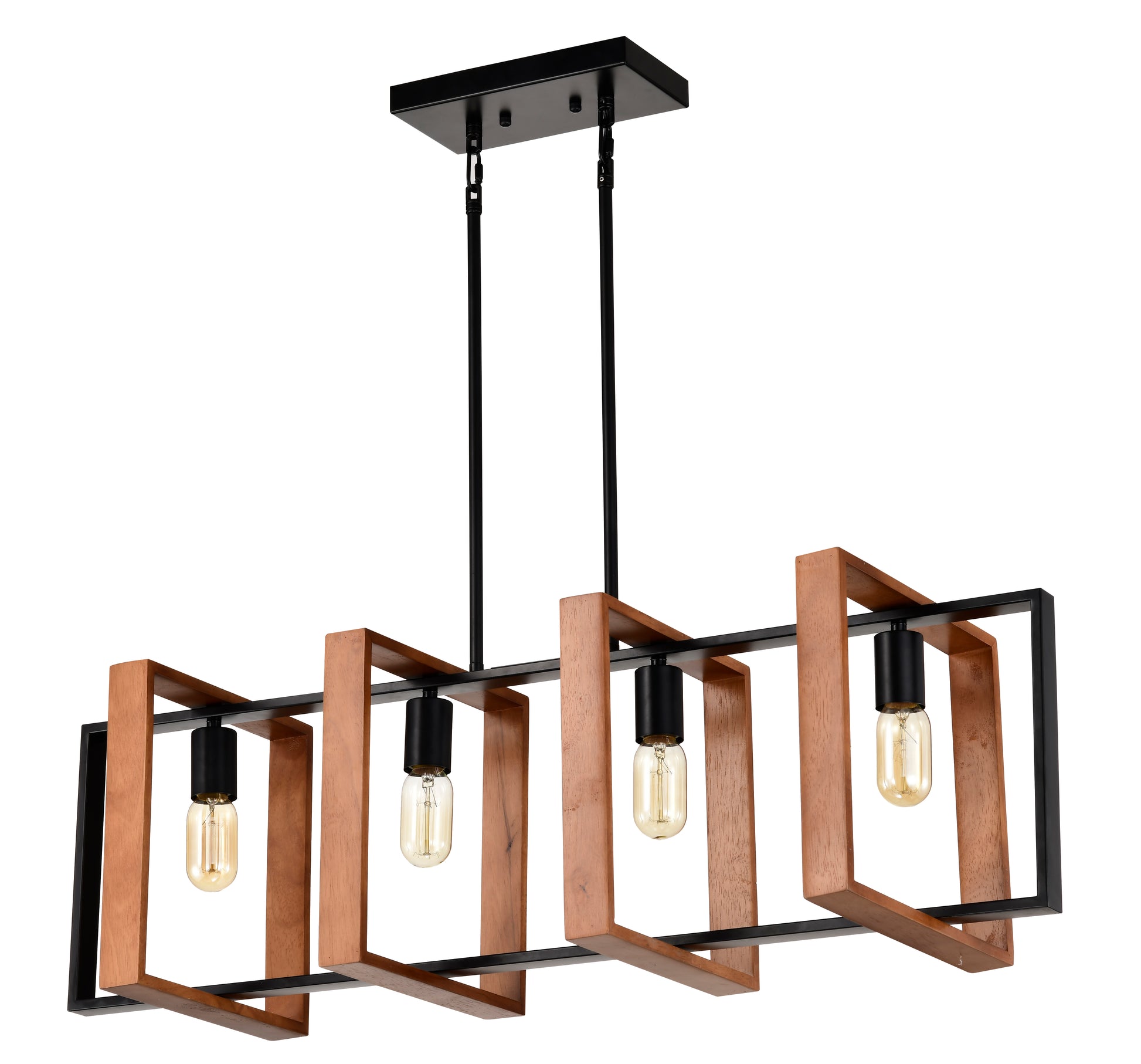 Modern linear chandelier with black metal and natural wood frame holding Edison bulbs