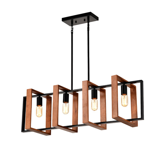Modern rectangular chandelier with wood accents and four Edison bulbs industrial style lighting