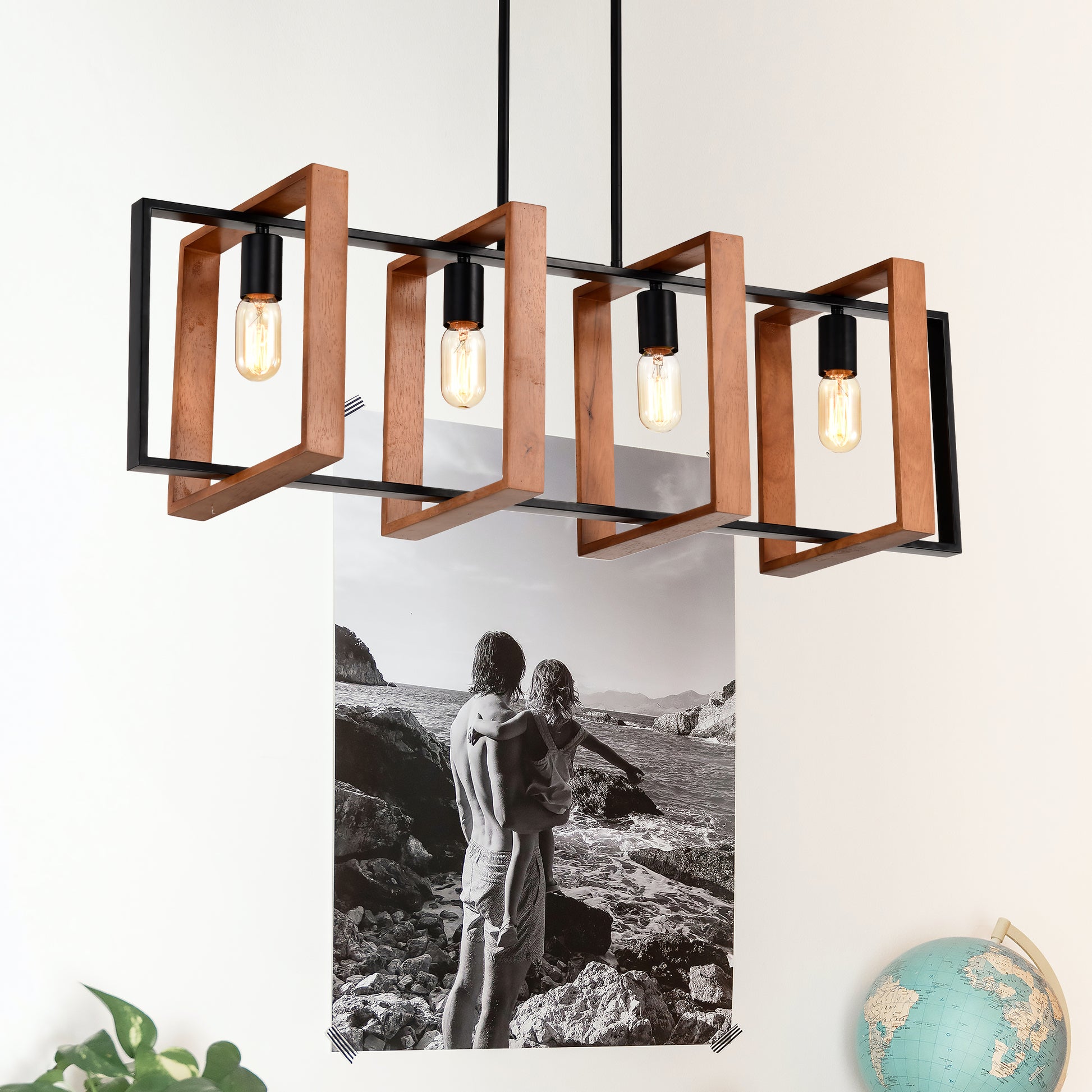 Modern wood and black metal linear chandelier with Edison bulbs