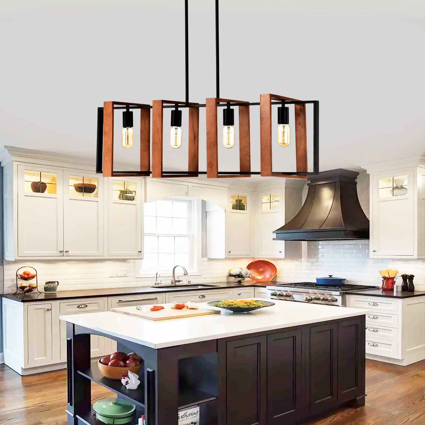 Modern black and wood linear chandelier with four exposed Edison bulbs