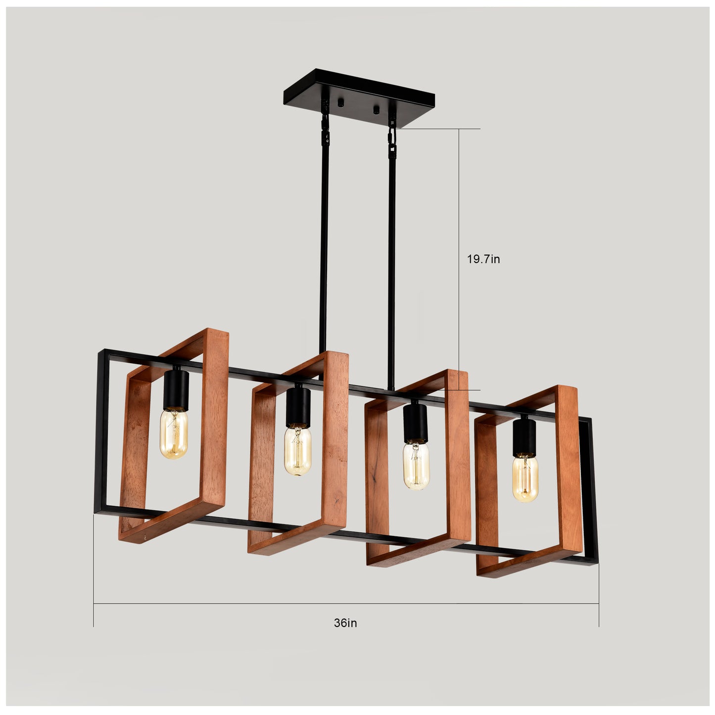 Modern black and wood linear chandelier with four Edison bulbs ideal for dining rooms