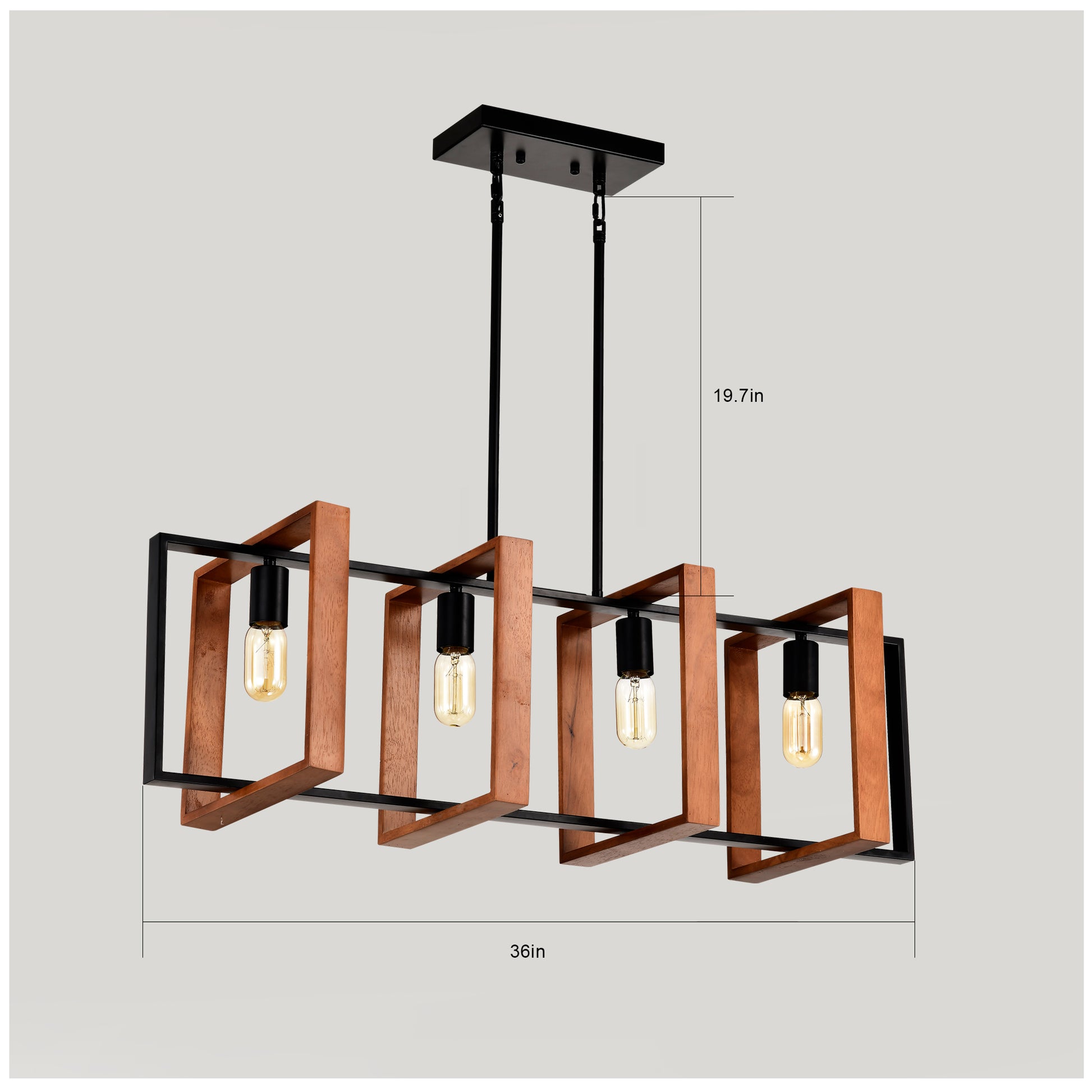 Modern black and wood linear chandelier with four Edison bulbs ideal for dining rooms
