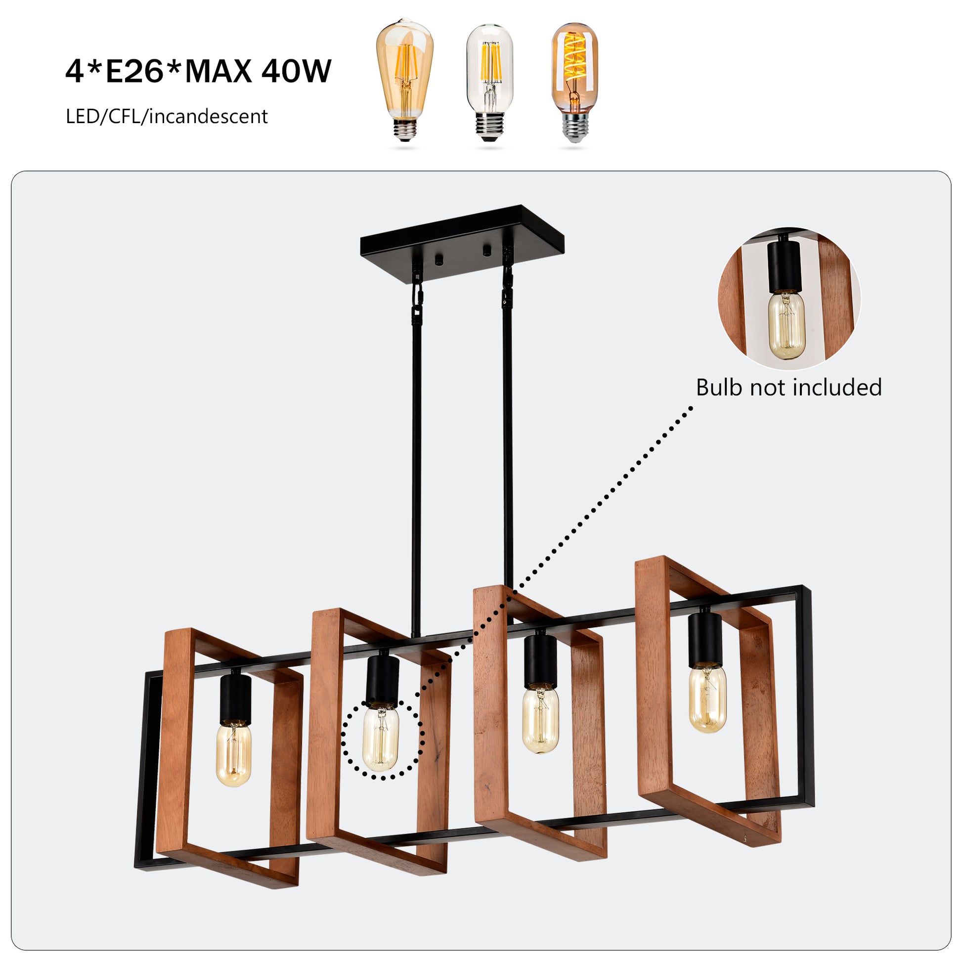 Modern black and wood dining room chandelier with Edison style bulbs
