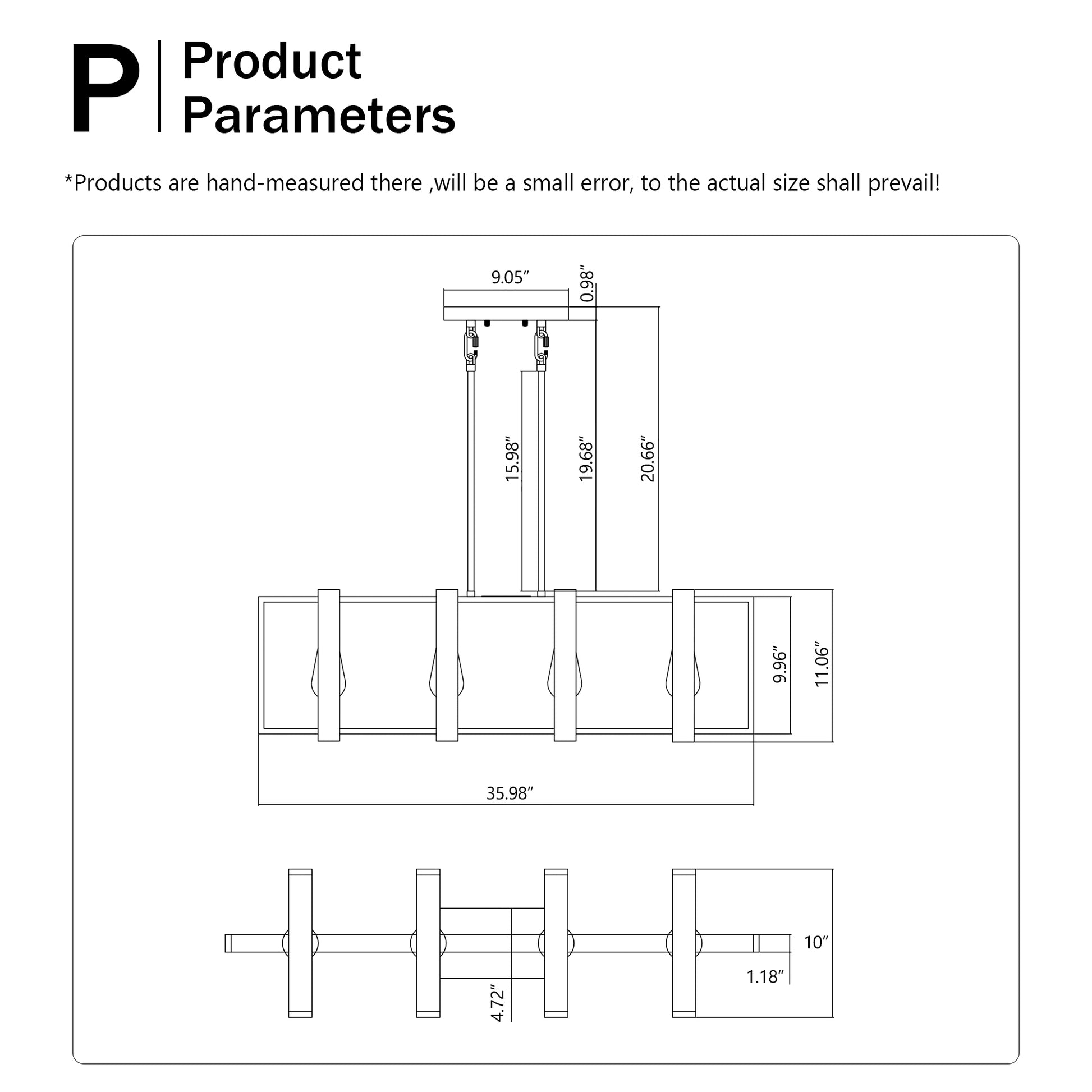 Linear chandelier diagram showing dimensions  W x  H x  D