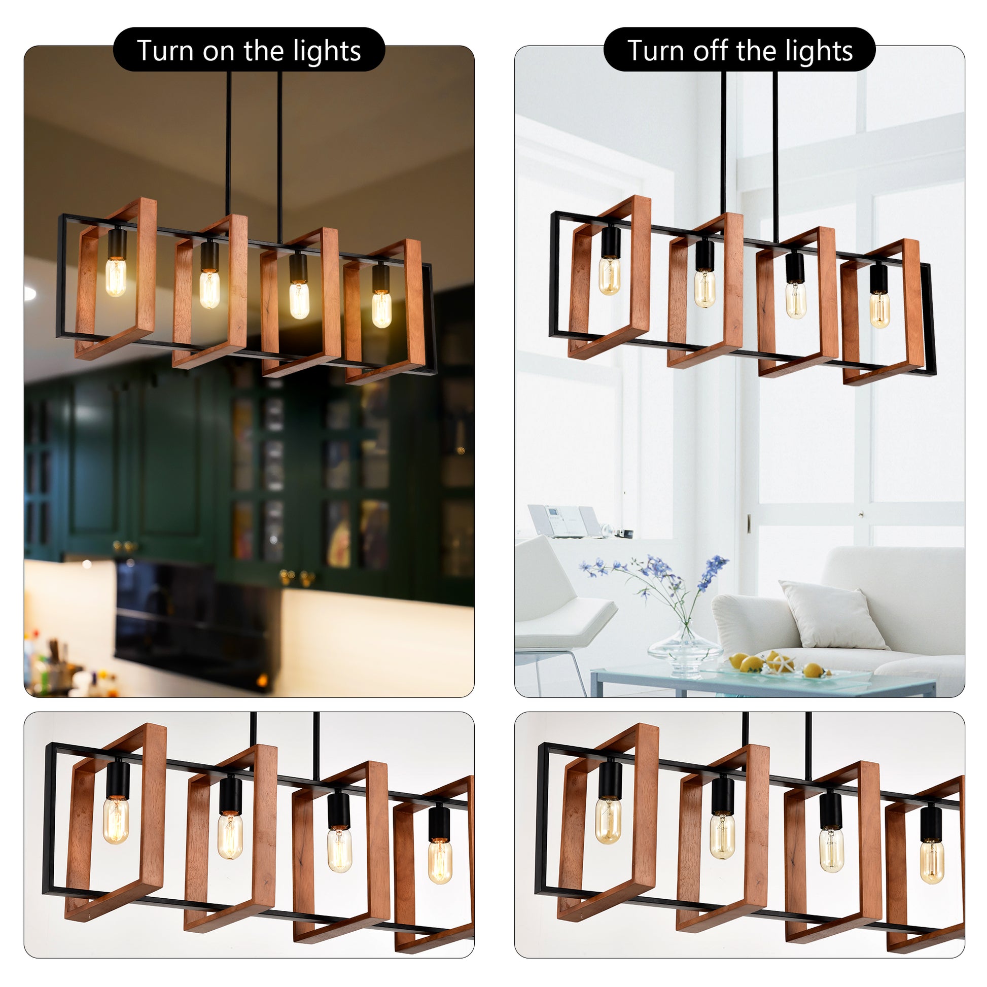 Modern farmhouse chandelier with wood and black metal frame  Edison bulbs