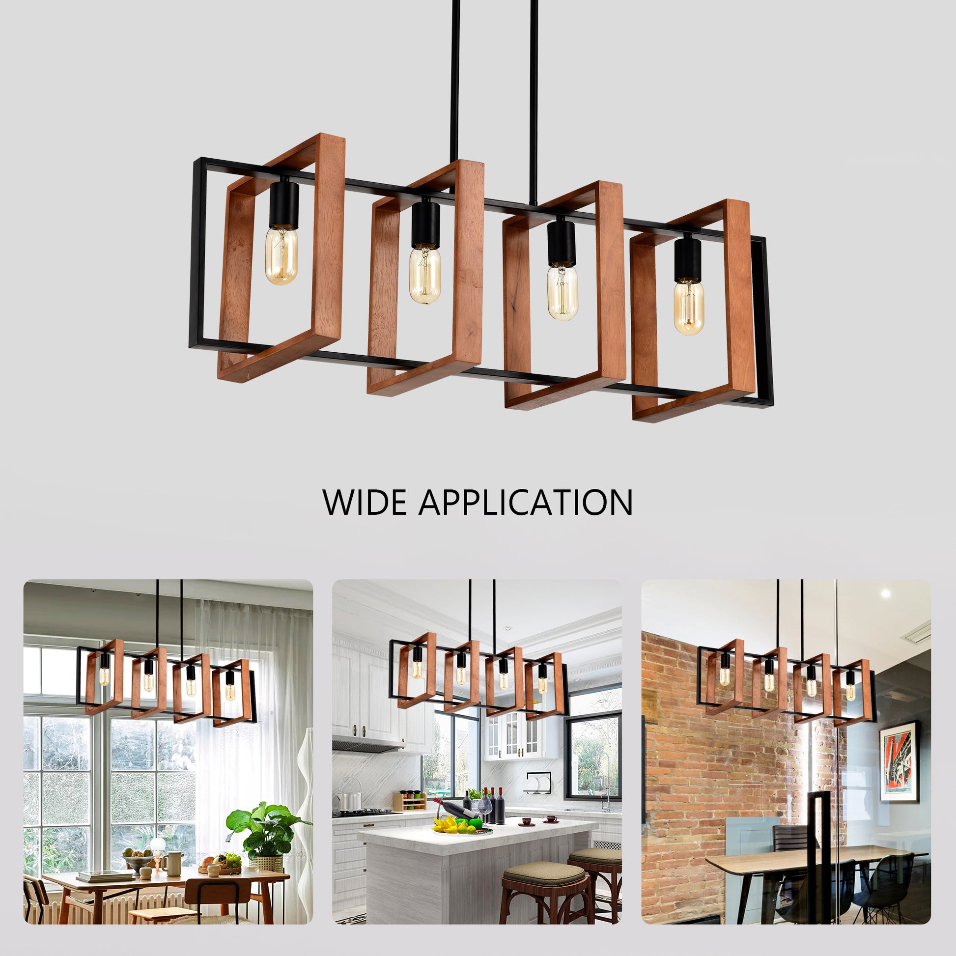 Modern rectangular pendant light with wood and black metal frame Edison bulbs for dining room