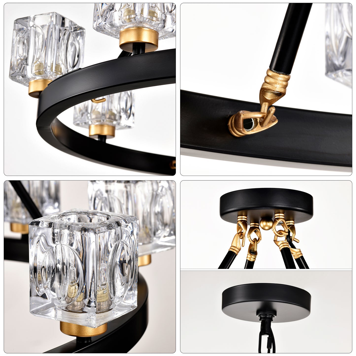 Black metal chandelier with clear crystal square shades and gold accents