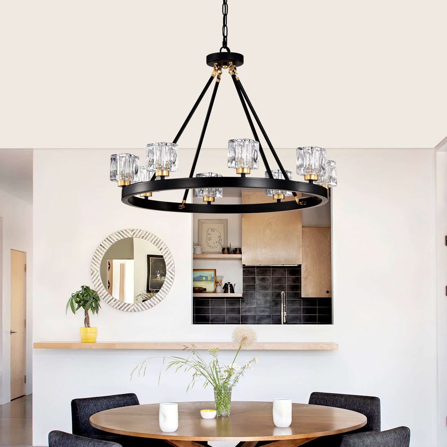 Black round chandelier with crystal glass accents