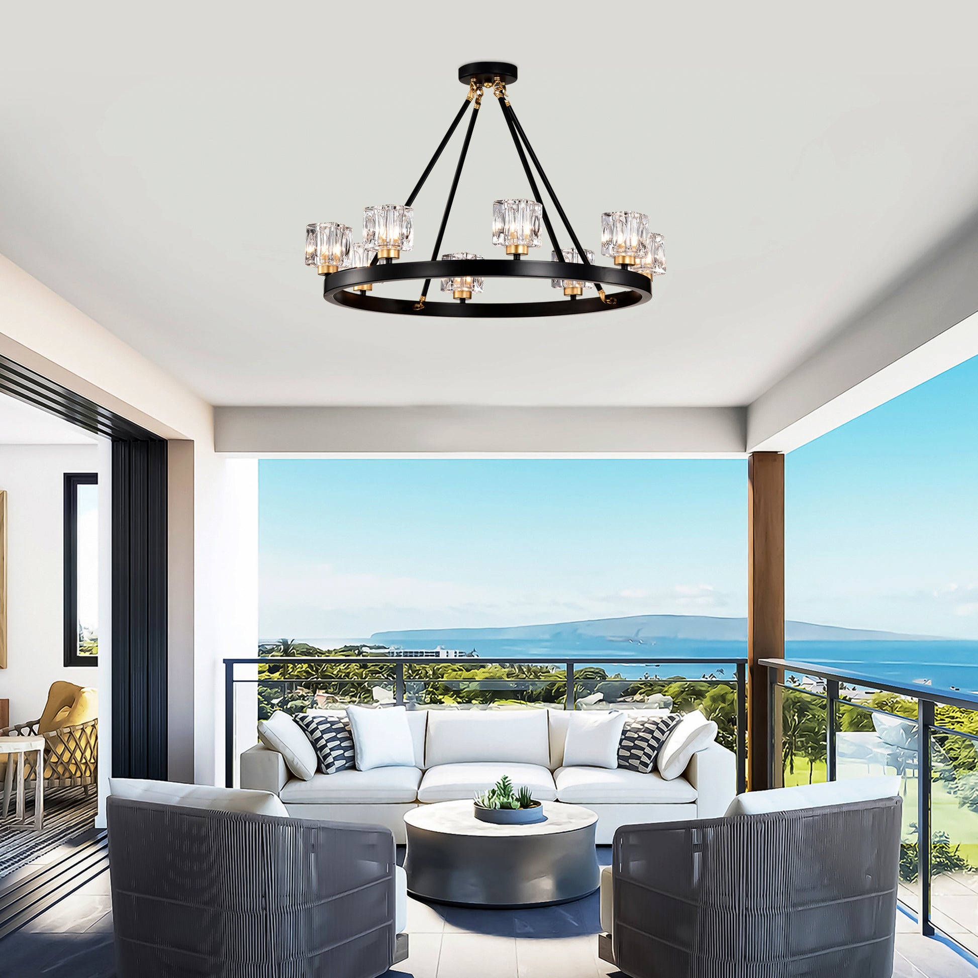 Black metal circular chandelier with crystal glass shades