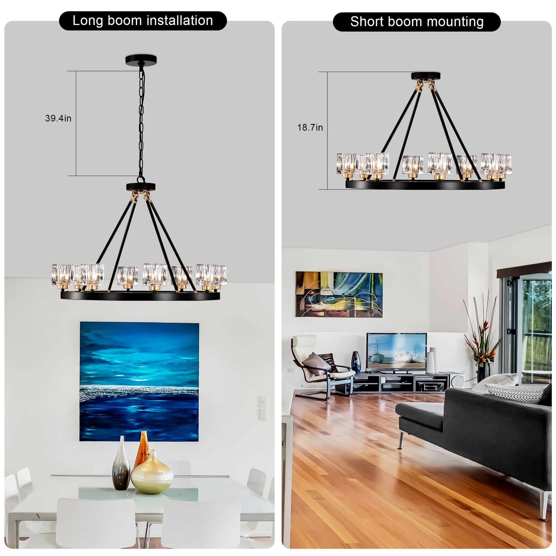 Black light modern crystal chandelier with long boom installation