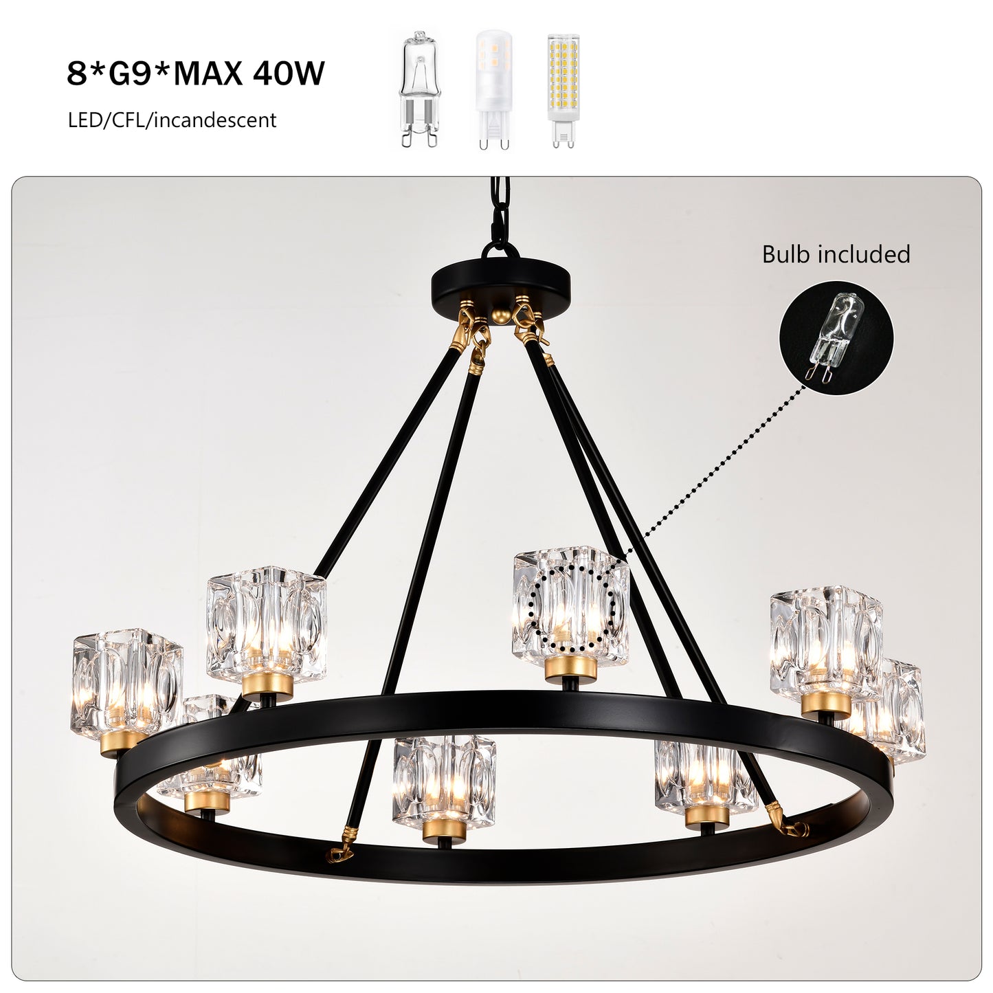 Black light modern chandelier with clear crystal shades and gold accents