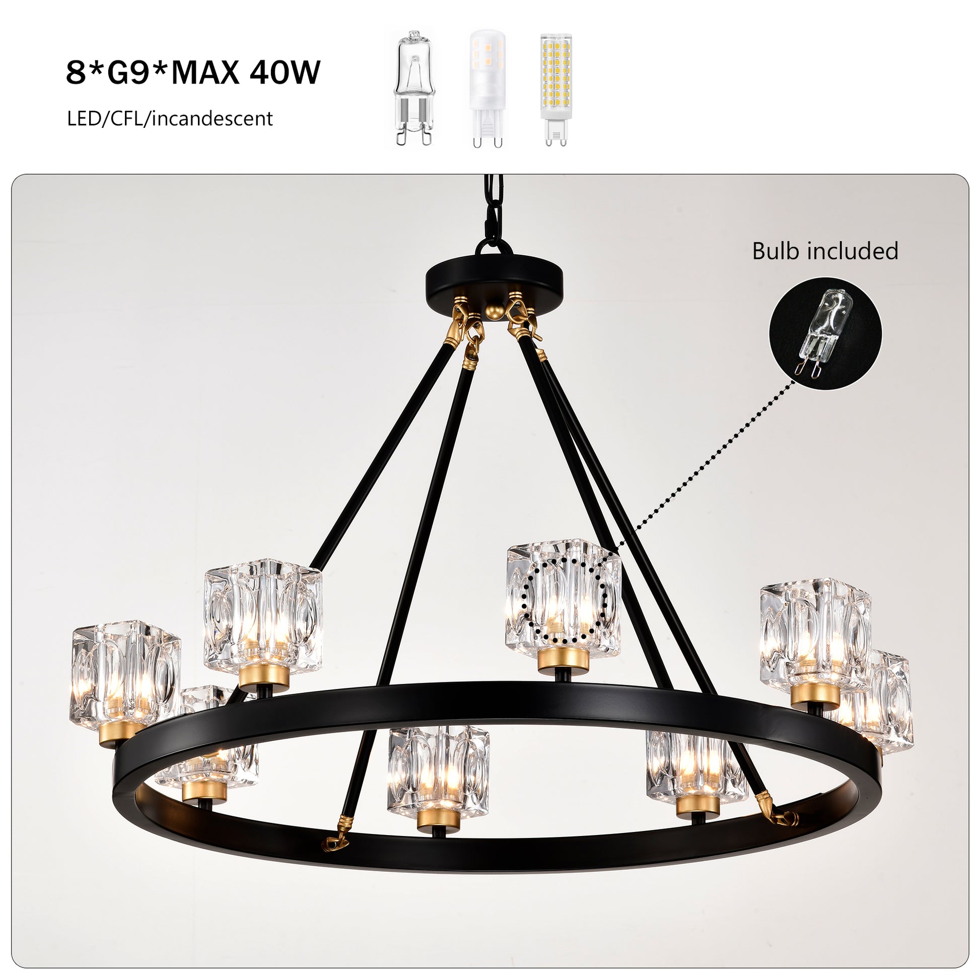 Black light modern chandelier with clear crystal shades and gold accents
