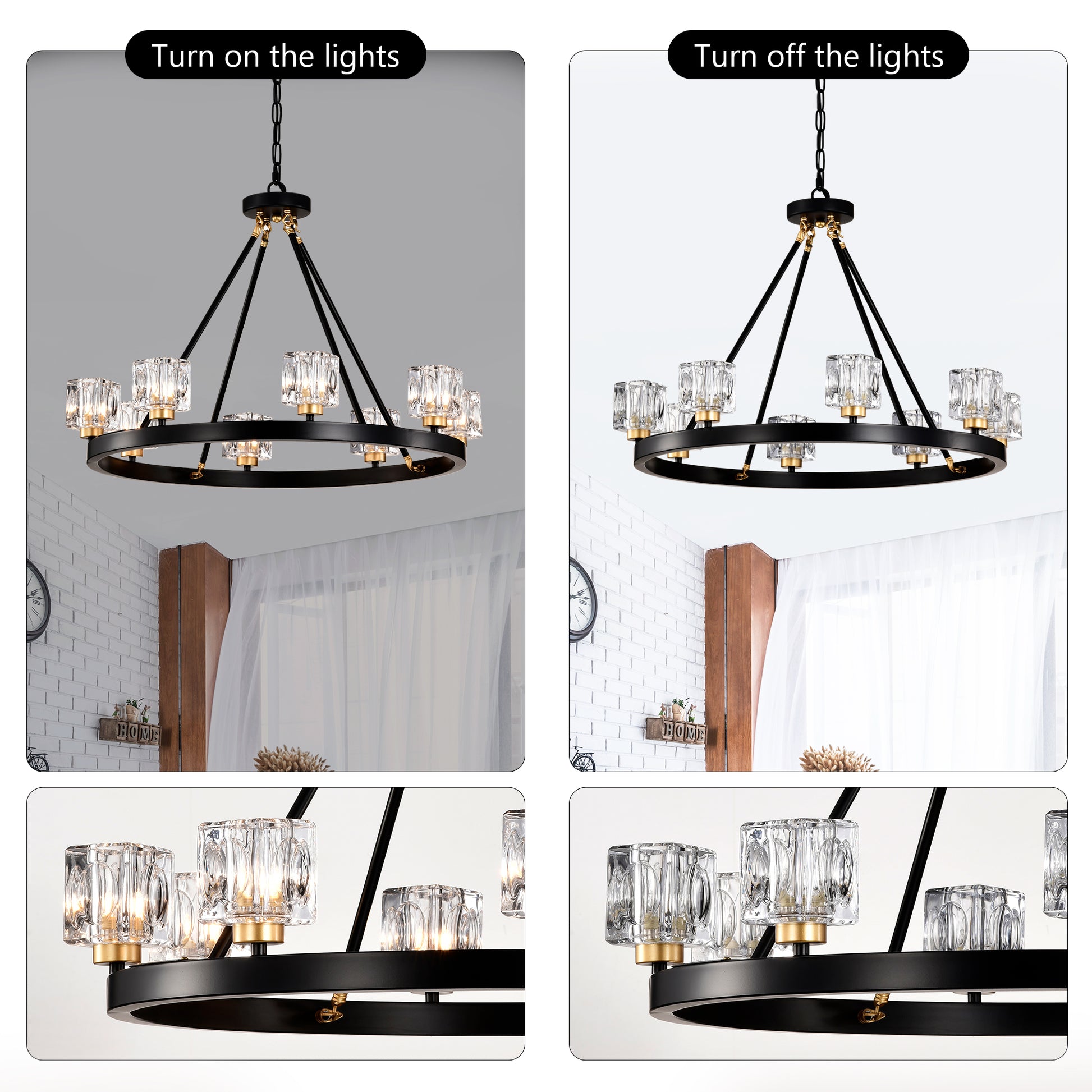 Black metal circular chandelier with clear crystal shades and gold accents illuminates a dining room