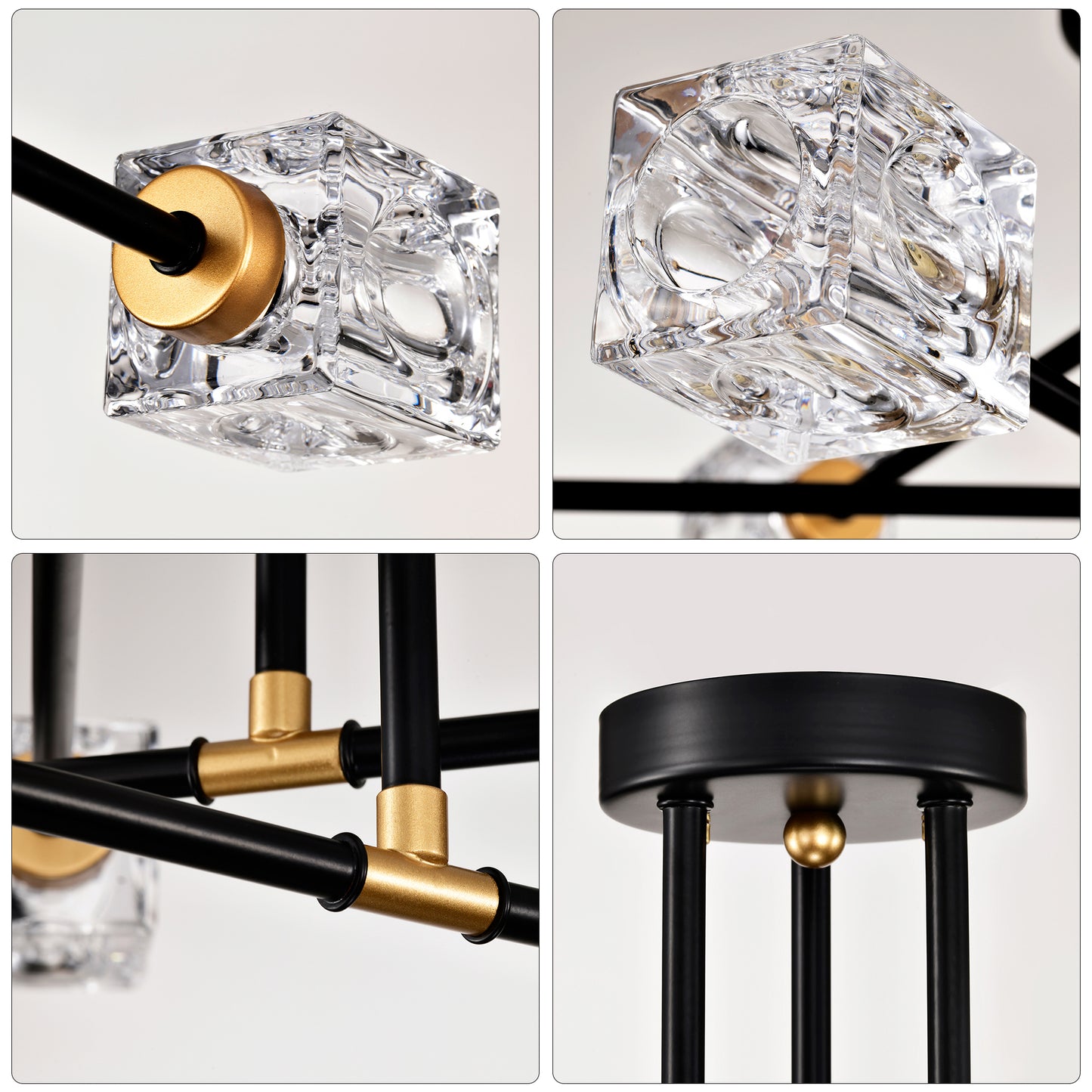 Modern black and gold chandelier with clear crystal cube accents