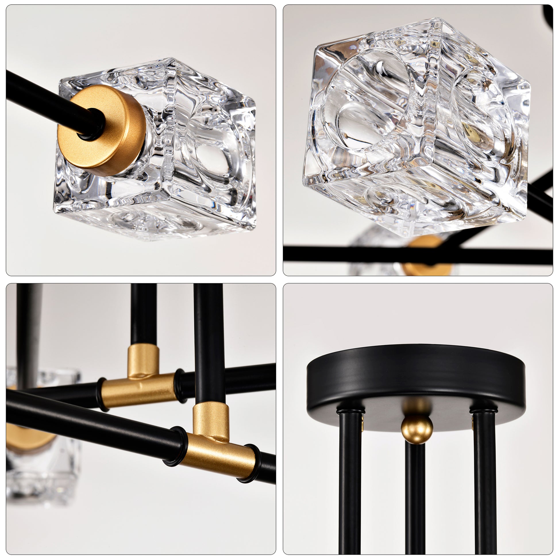 Modern black and gold chandelier with clear crystal cube accents