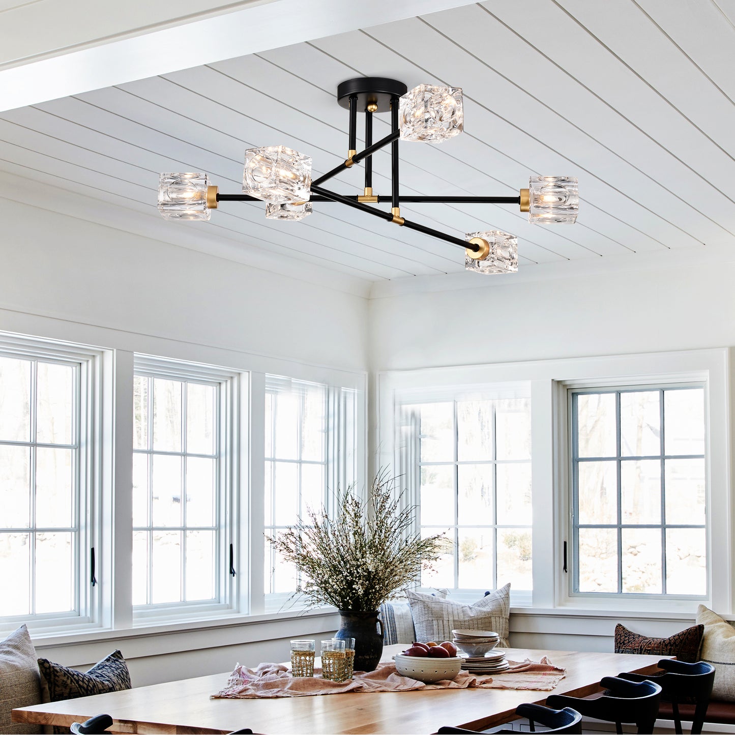 Modern black Sputnik chandelier with clear crystal cube shades and brass accents