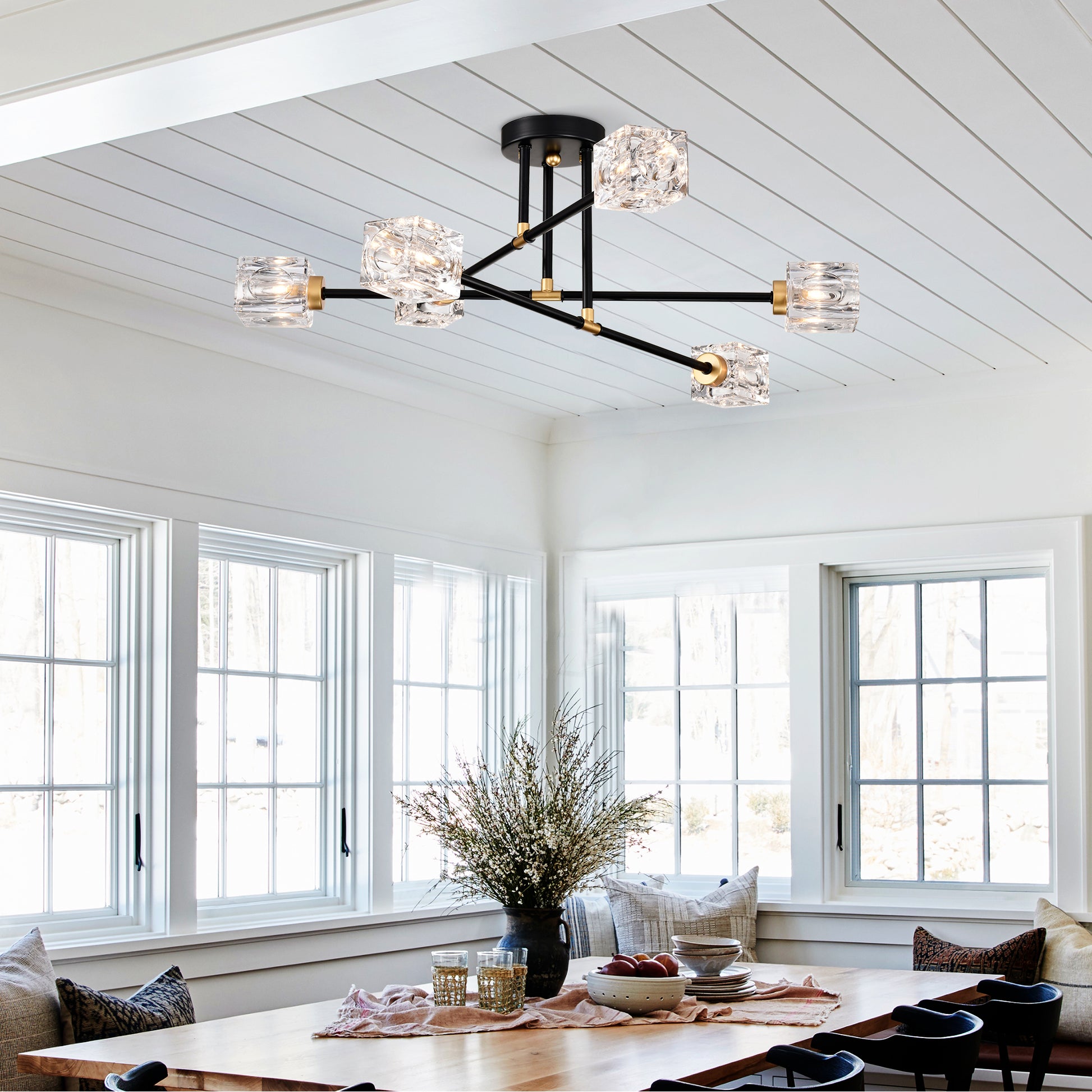 Modern black Sputnik chandelier with clear crystal cube shades and brass accents