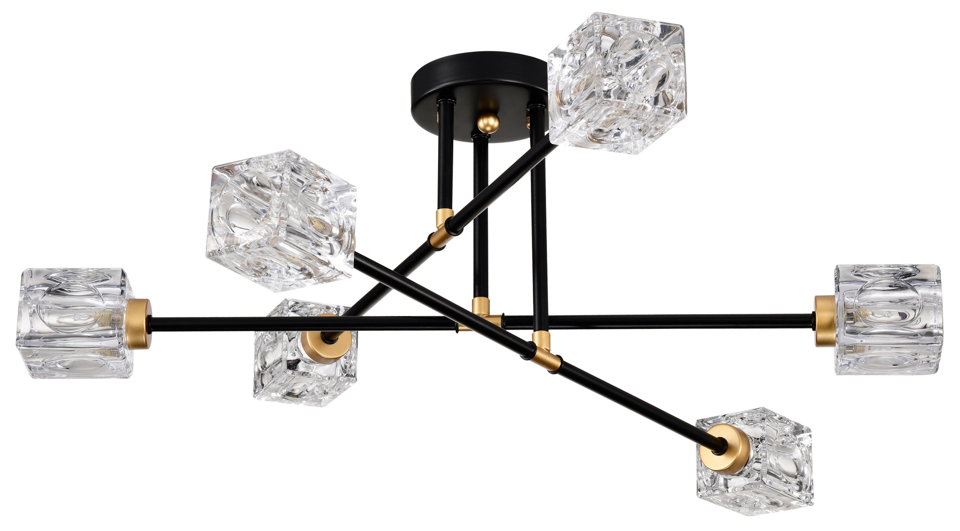 Black and gold modern chandelier with crystal cube shades for living room decor