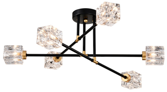 Modern black semiflush mount ceiling light with clear crystal cube shades