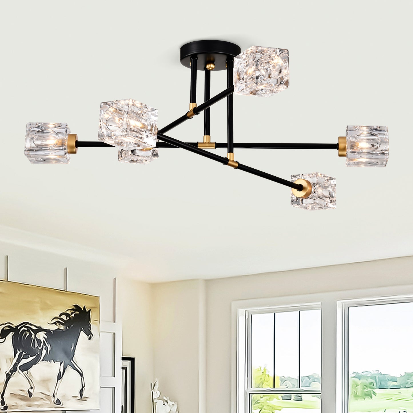 Black multiarm chandelier with clear cube crystal shades and gold accents