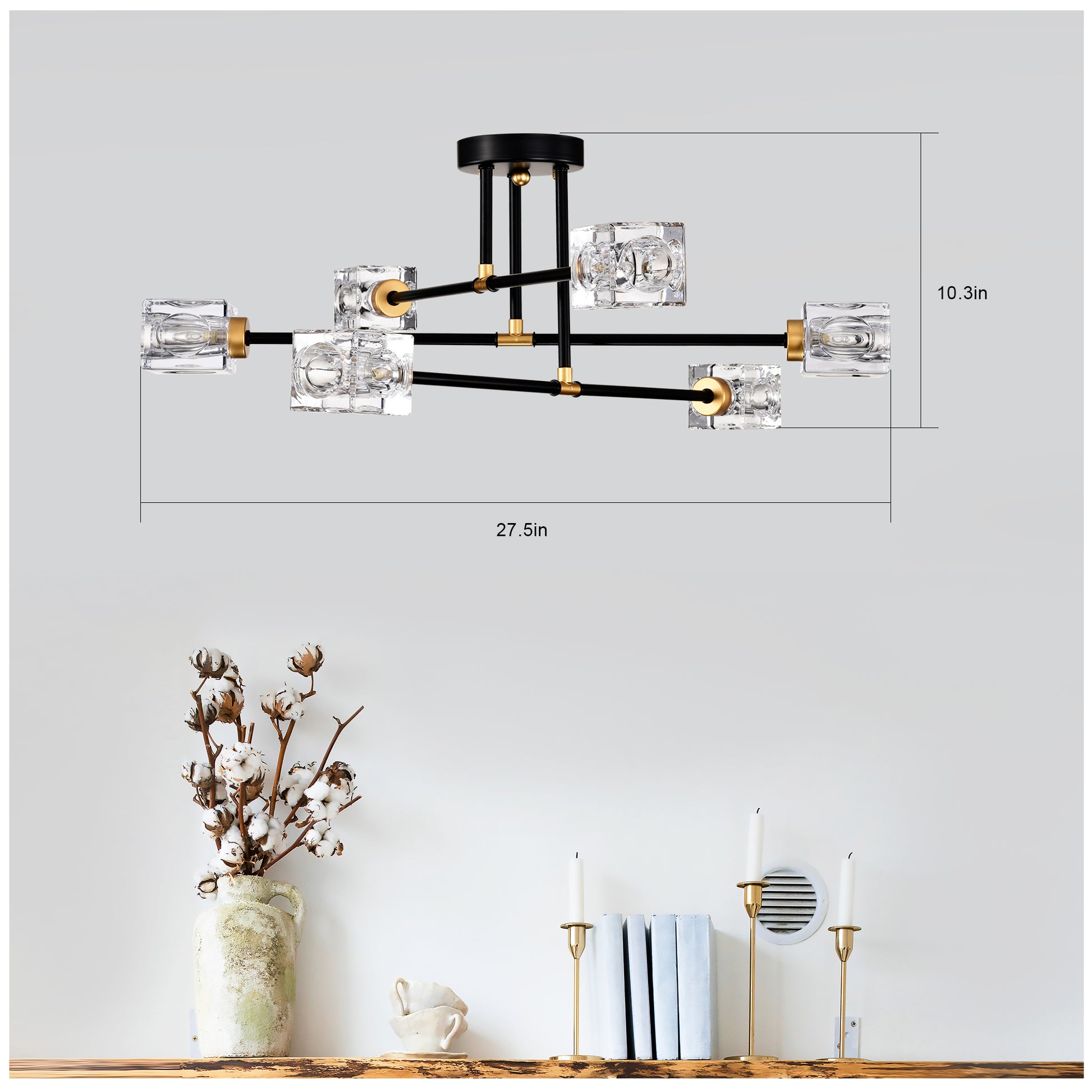 Modern black chandelier with crystal cube shades and gold accents in wide