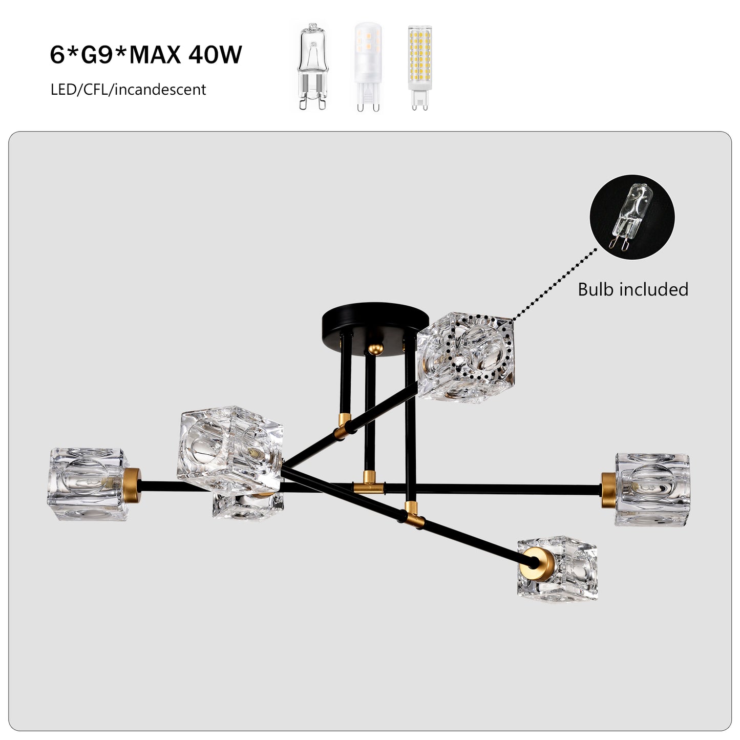 Modern black chandelier with six crystal cube shades and gold accents G bulbs included