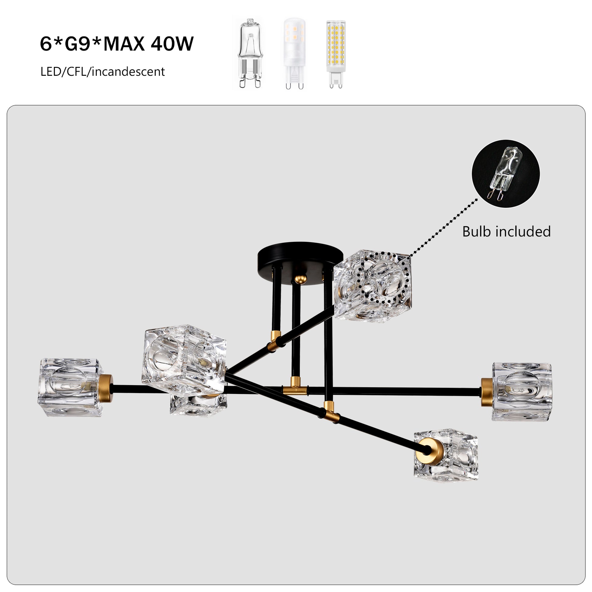Modern black chandelier with six crystal cube shades and gold accents G bulbs included