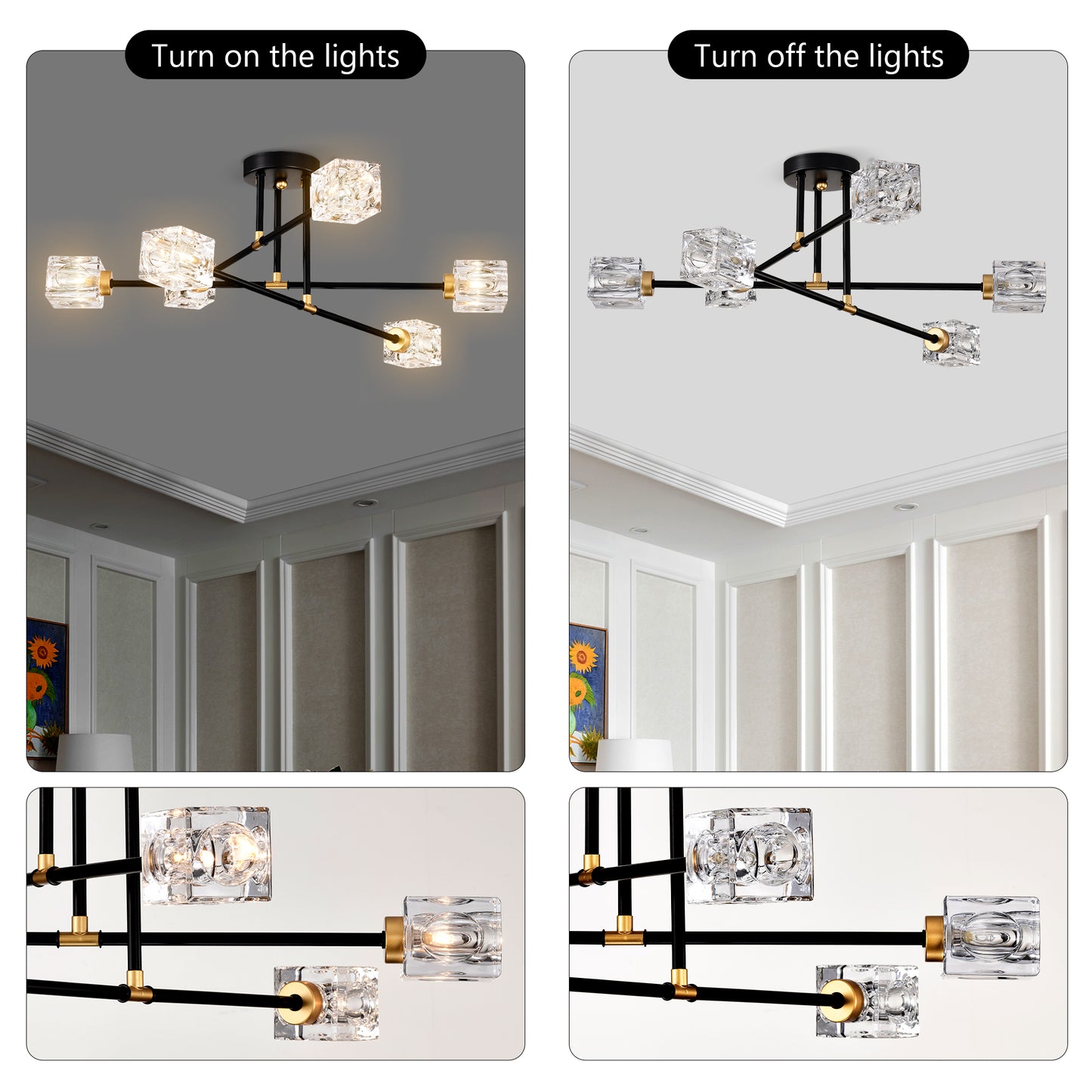 Modern black chandelier with geometric crystal shades and gold accents