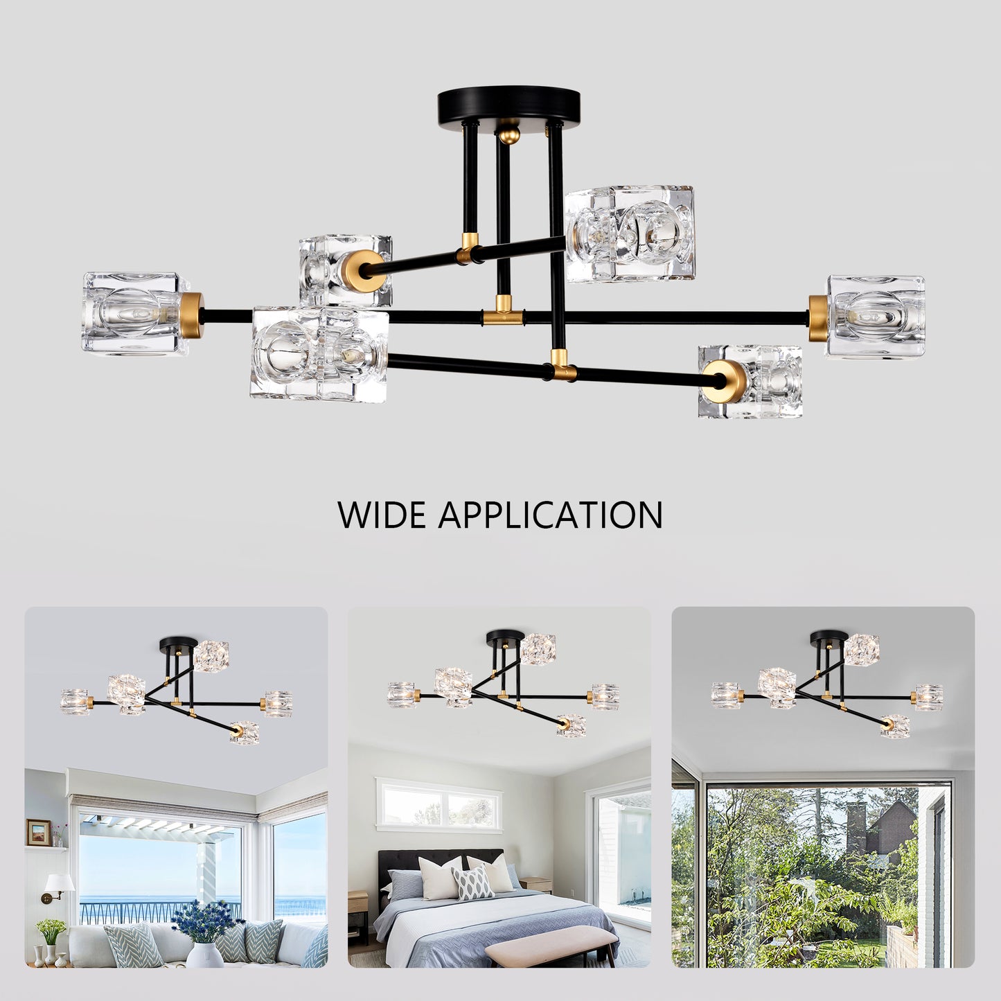 Modern black chandelier with crystal cube shades and brass accents