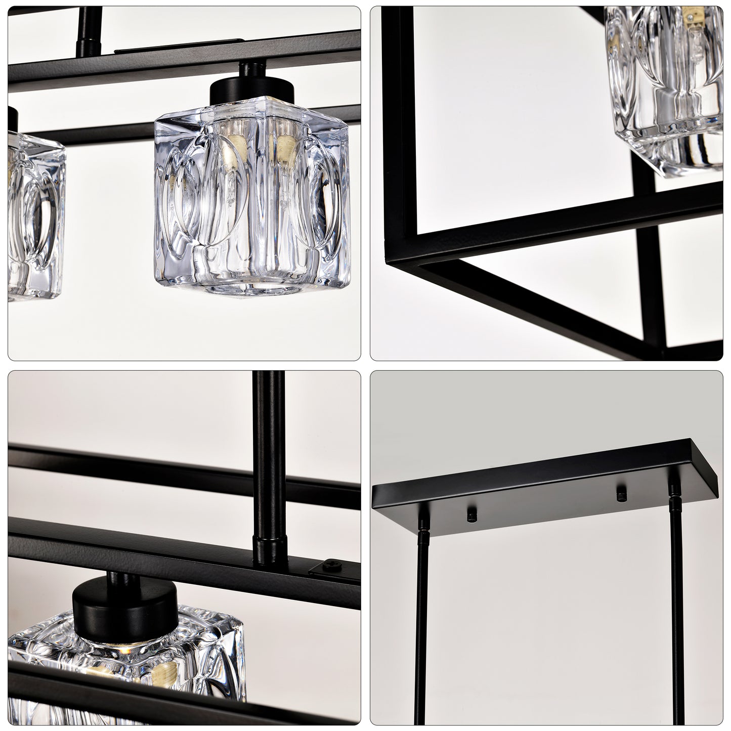 Modern black metal linear chandelier with clear glass shades ideal for dining rooms