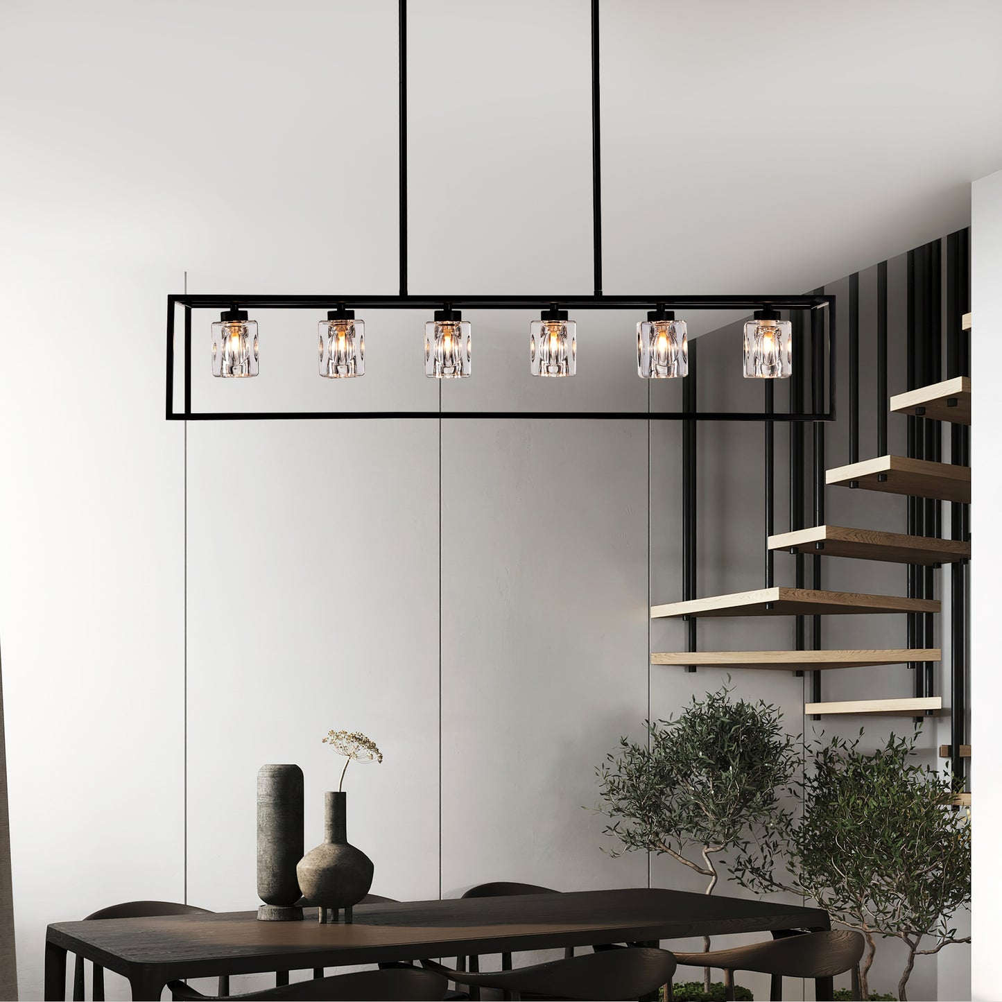 Black linear chandelier with five clear crystal glass shades modern dining room fixture