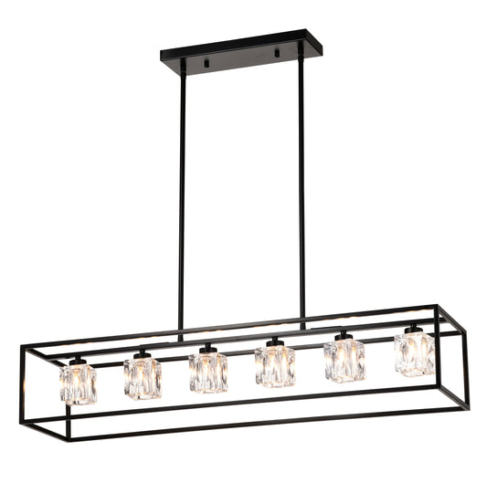 Black rectangular chandelier with five clear crystal prism pendant lights