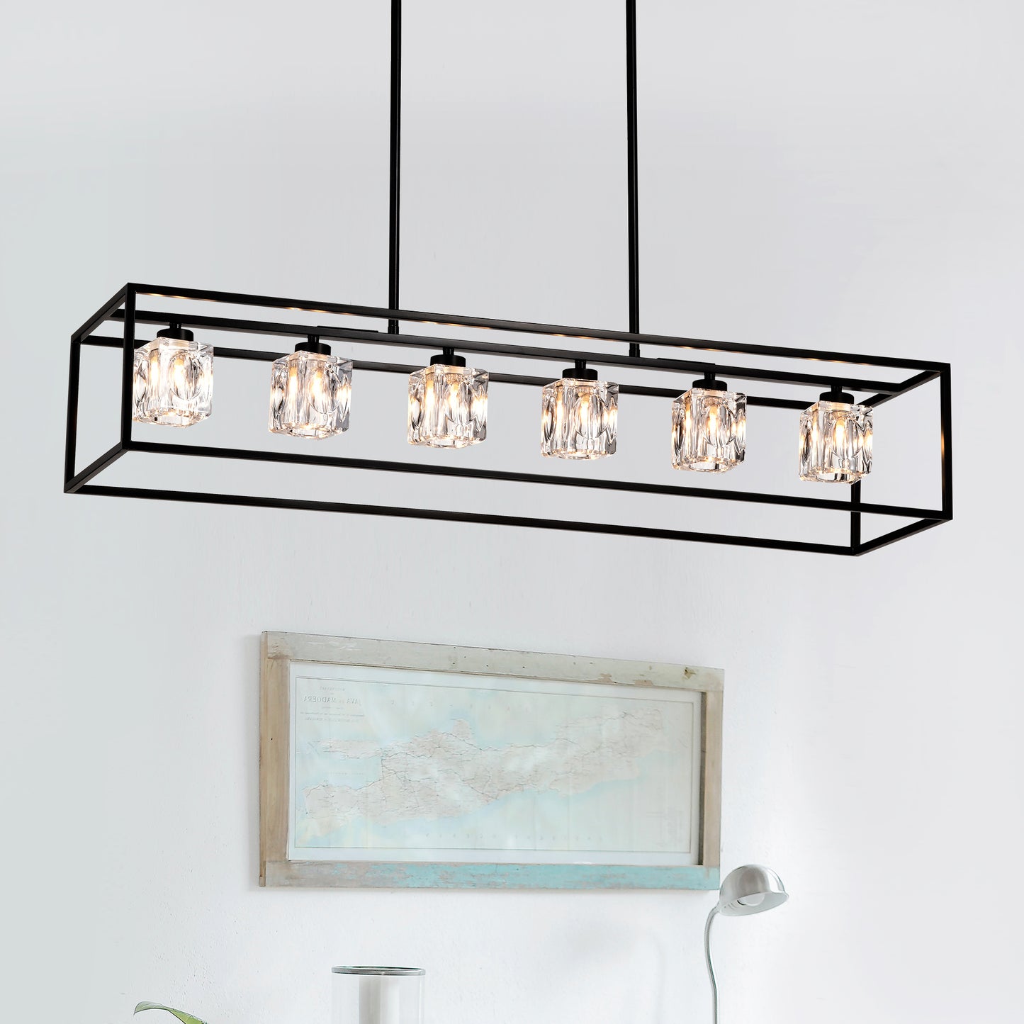 Rectangular modern chandelier with clear crystal glass pendants and black metal frame