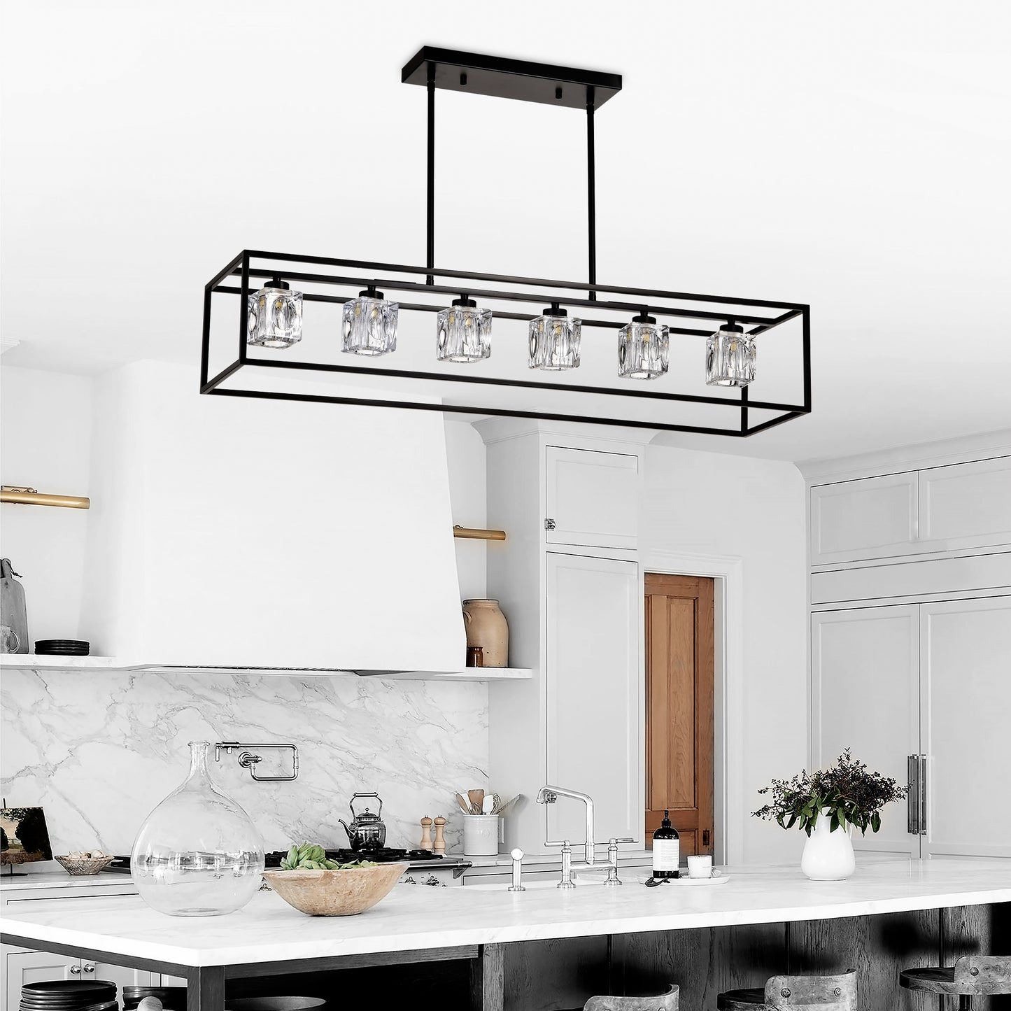Modern rectangular black chandelier with clear crystal pendant lights ideal for kitchen island