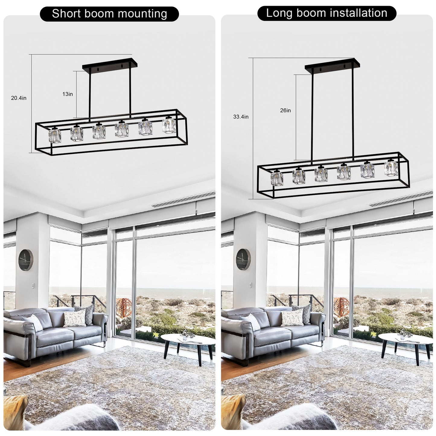Black rectangular chandelier with  crystal shades short boom mounting shown