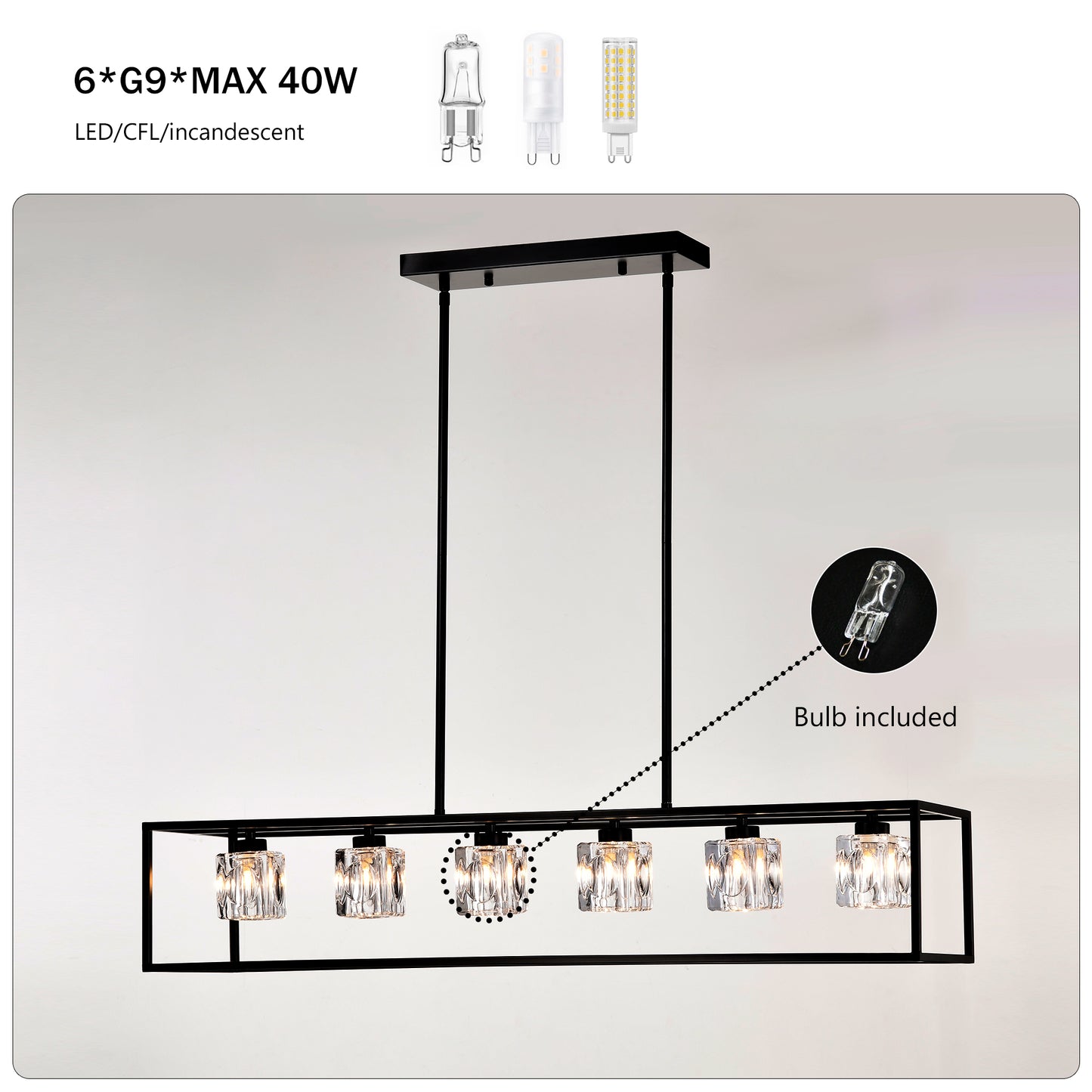 Black rectangular chandelier with six crystal shades and G bulbs