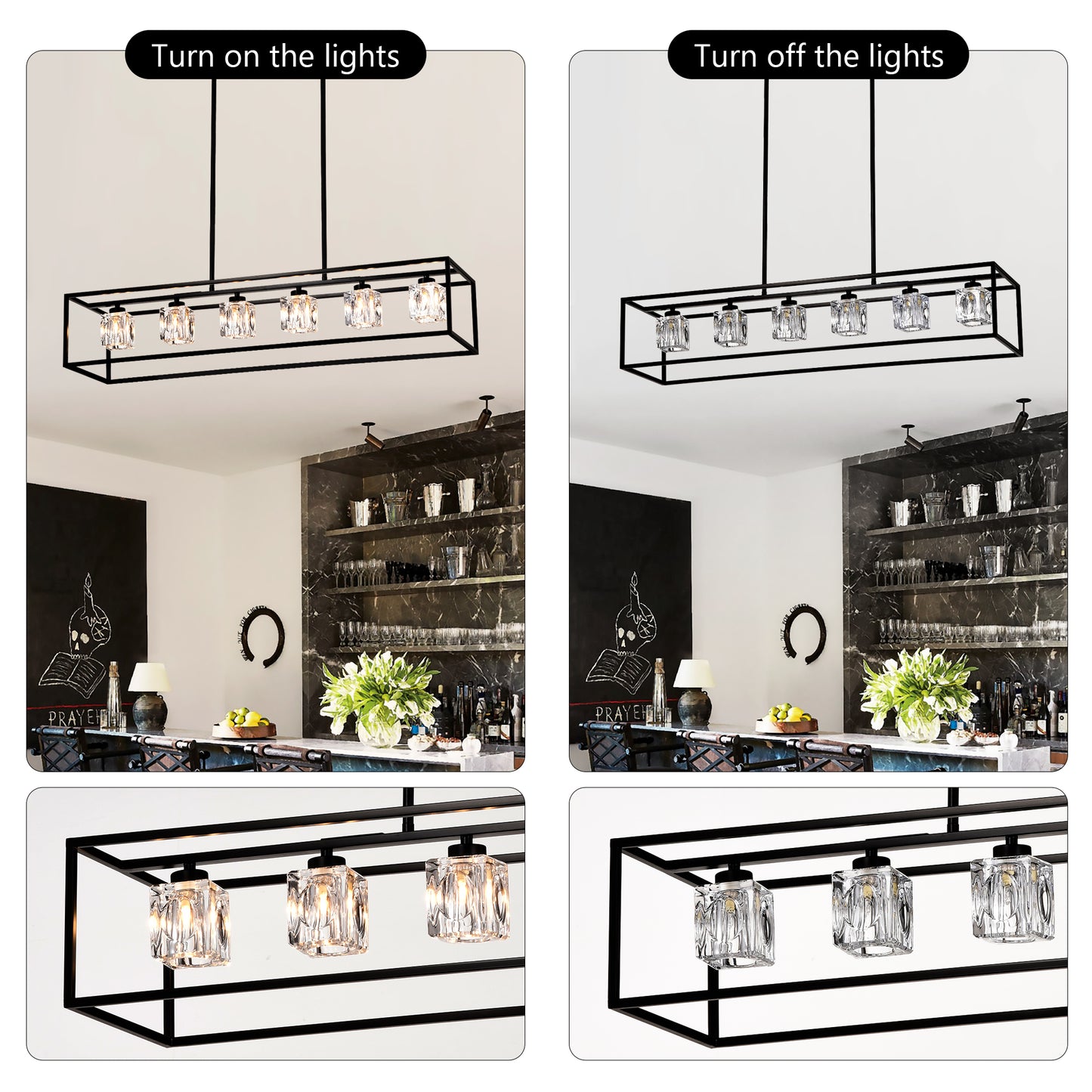 Rectangular black chandelier with six crystal cube pendant lights over a bar