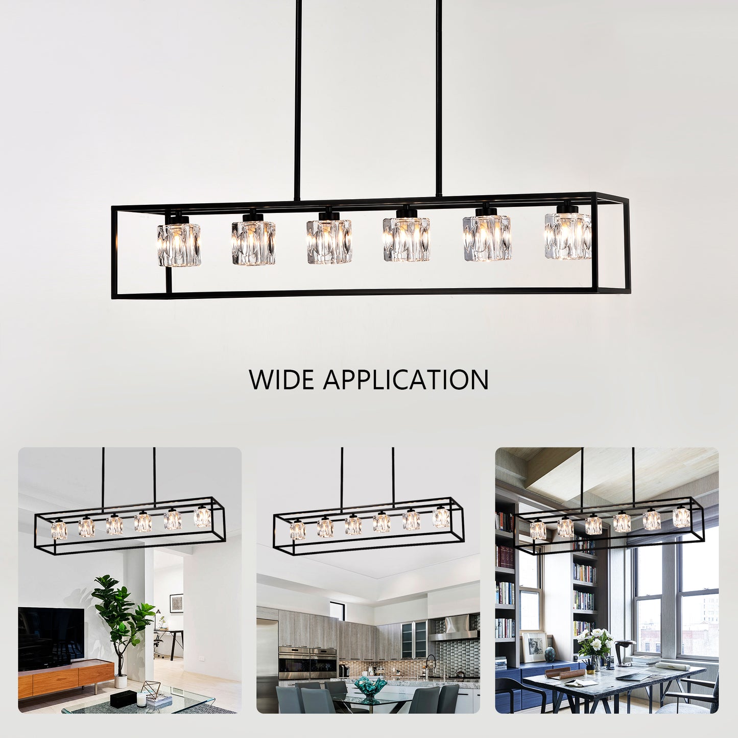Modern rectangular pendant light with clear crystal shades and black metal frame