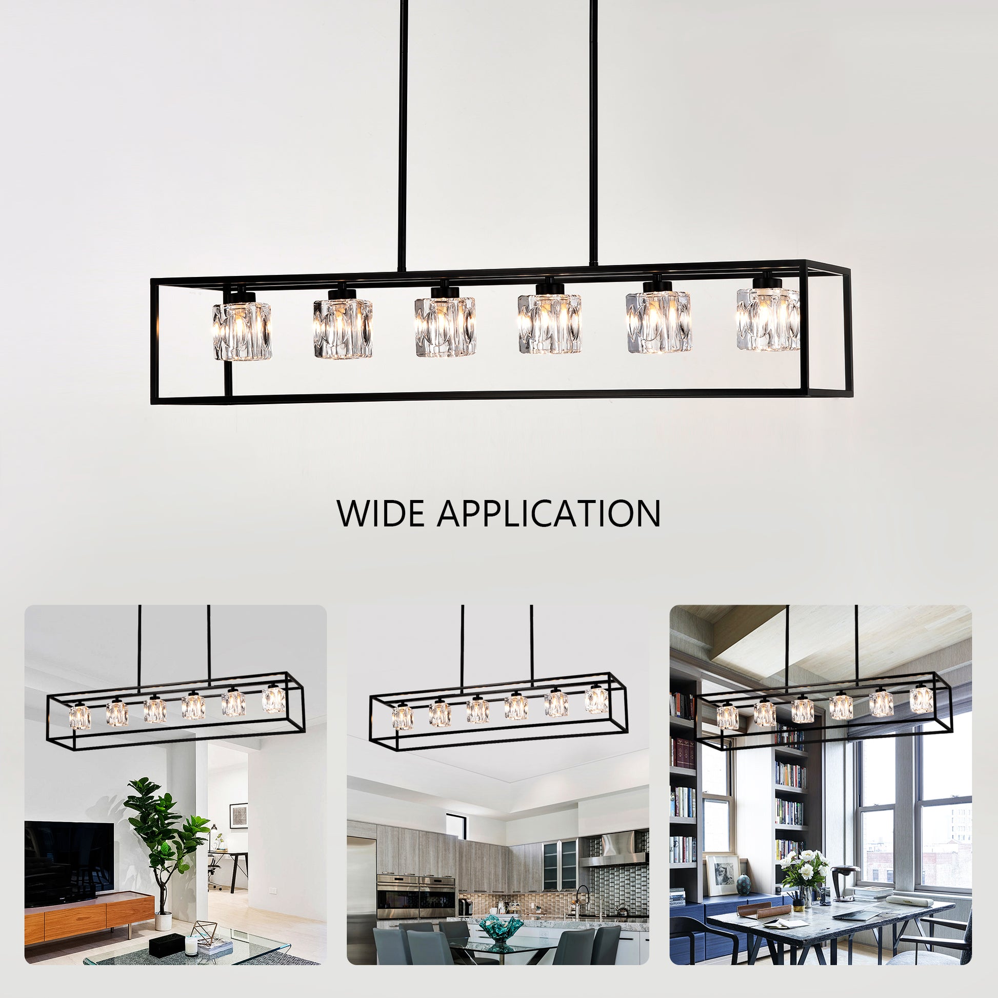 Modern rectangular pendant light with clear crystal shades and black metal frame