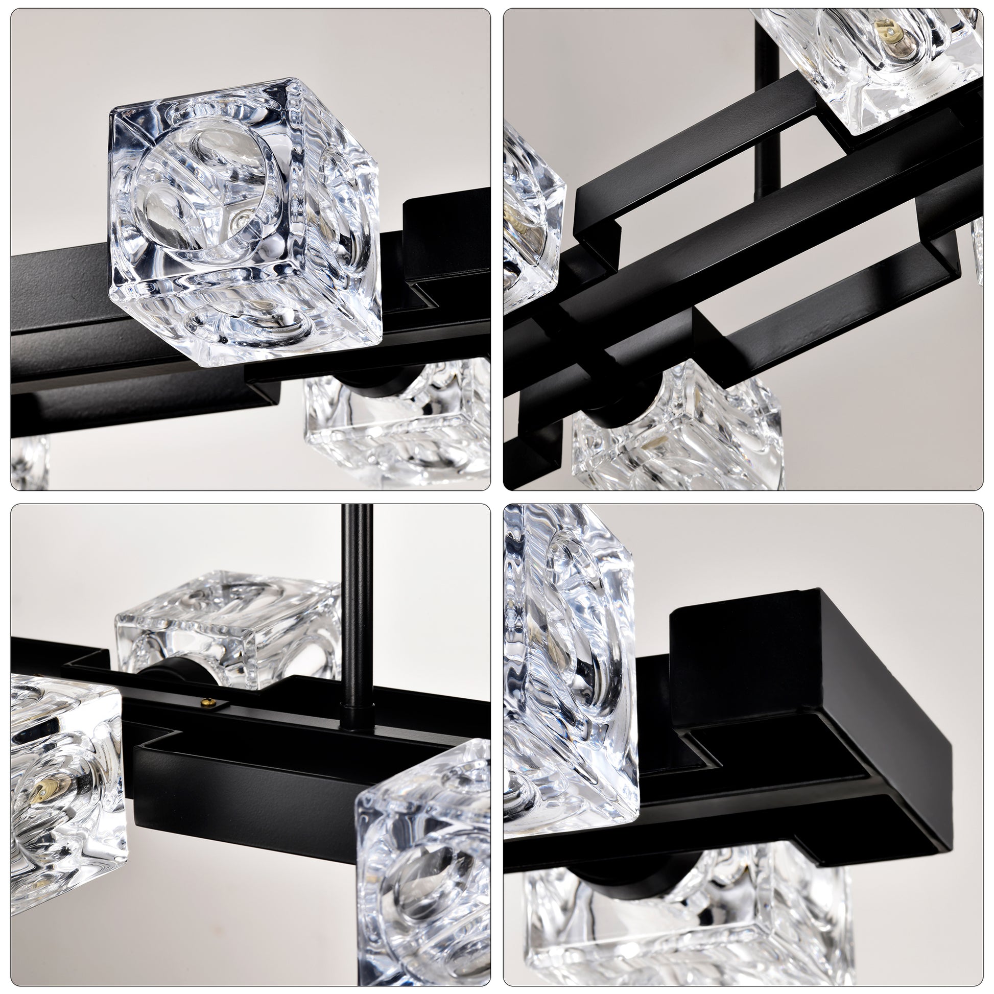 Modern black chandelier with clear crystal cube shades for elegant lighting