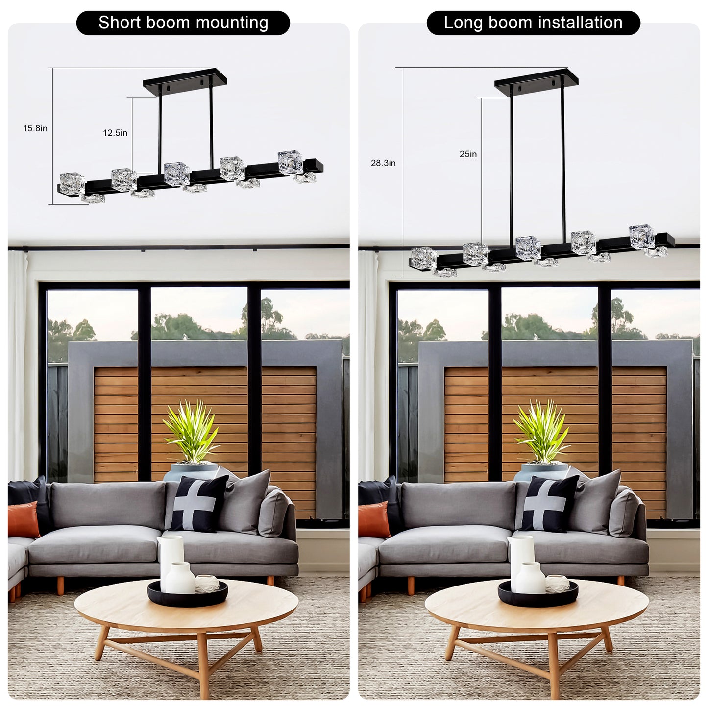 Modern black linear chandelier with crystal cube accents short boom mount