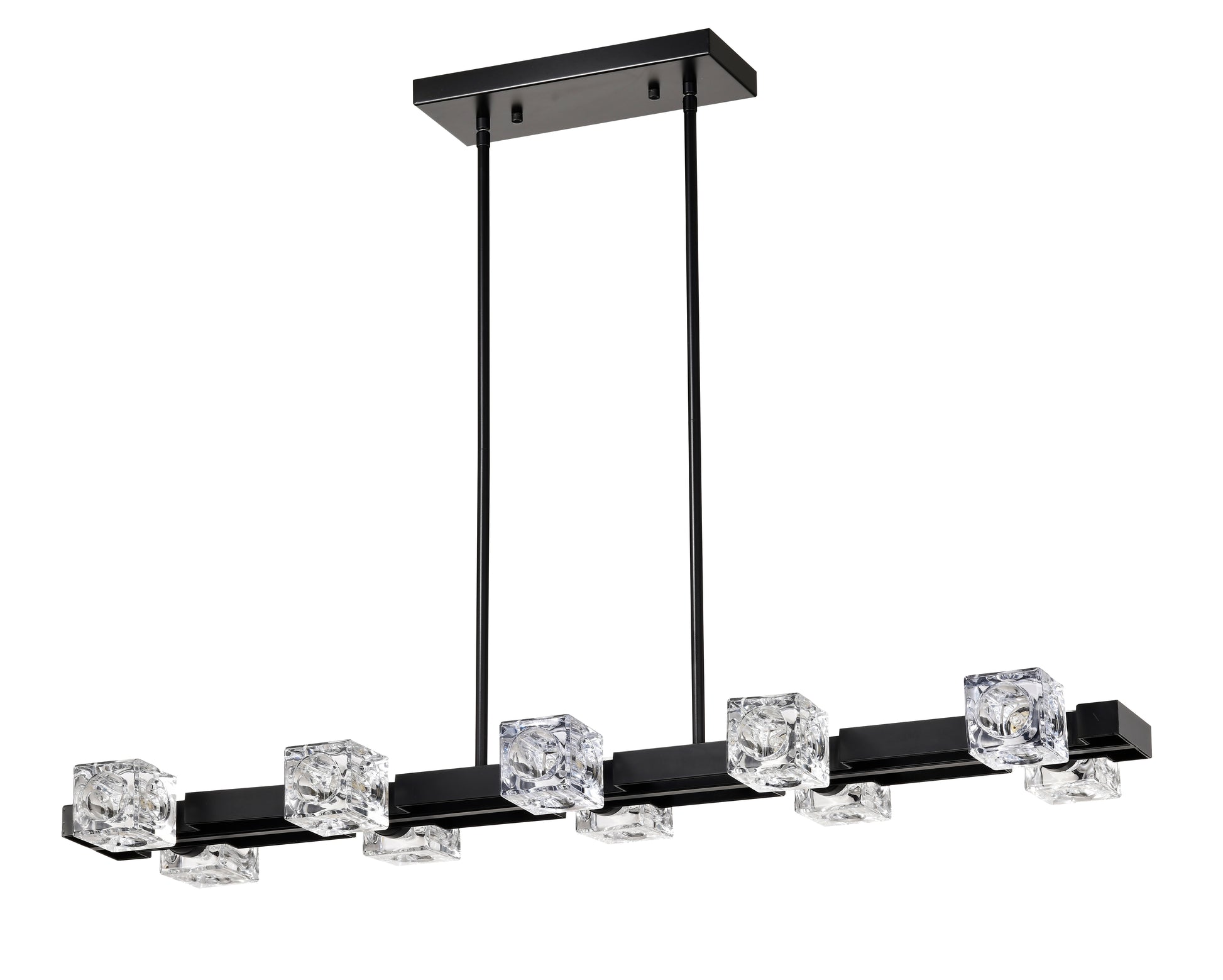 Modern black linear chandelier with clear crystal cube shades perfect for dining rooms