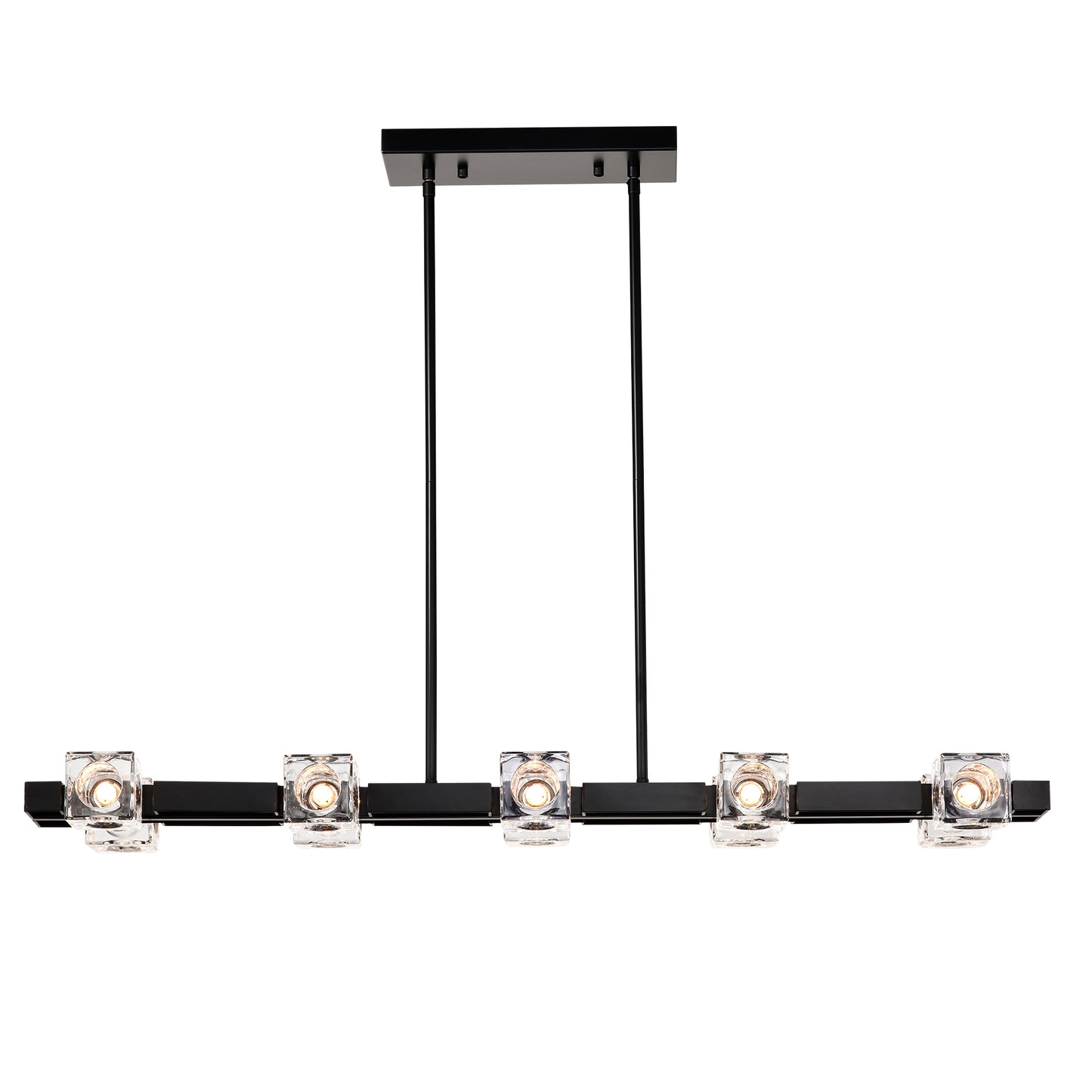 Modern black linear chandelier with five crystal cube pendant lights for dining room