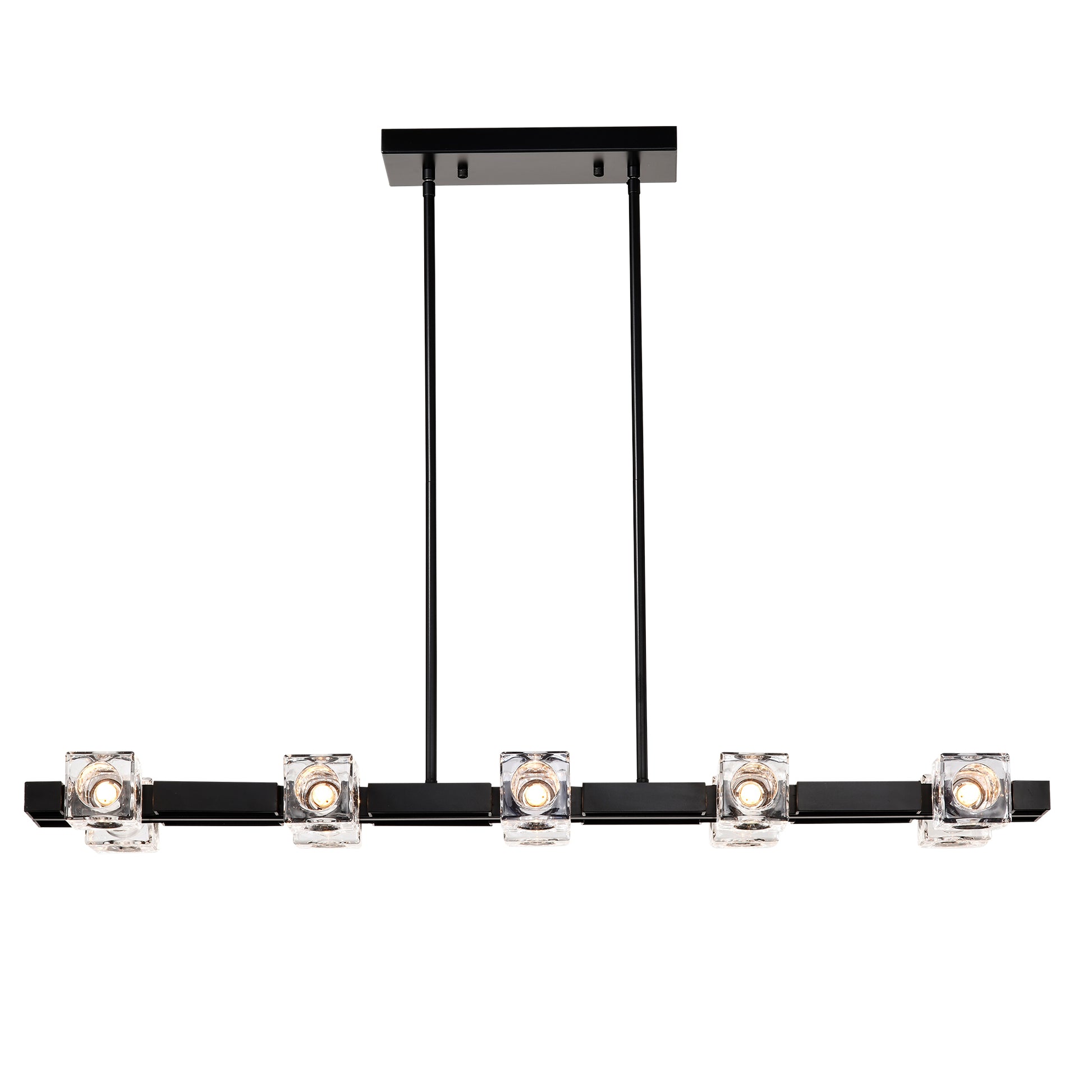 Modern black linear chandelier with five crystal cube pendant lights for dining room
