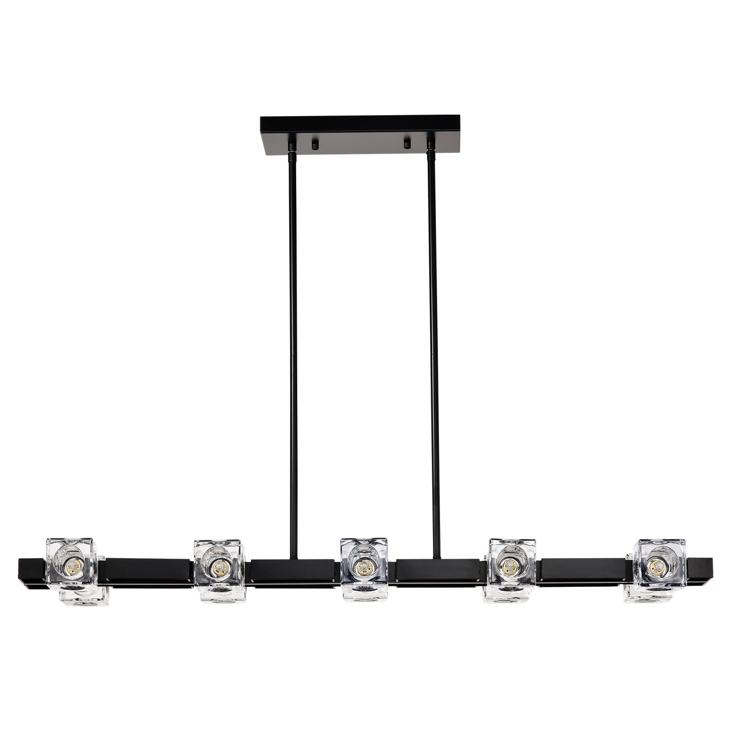 Modern black linear chandelier with five crystal cube shades and adjustable arms for dining rooms