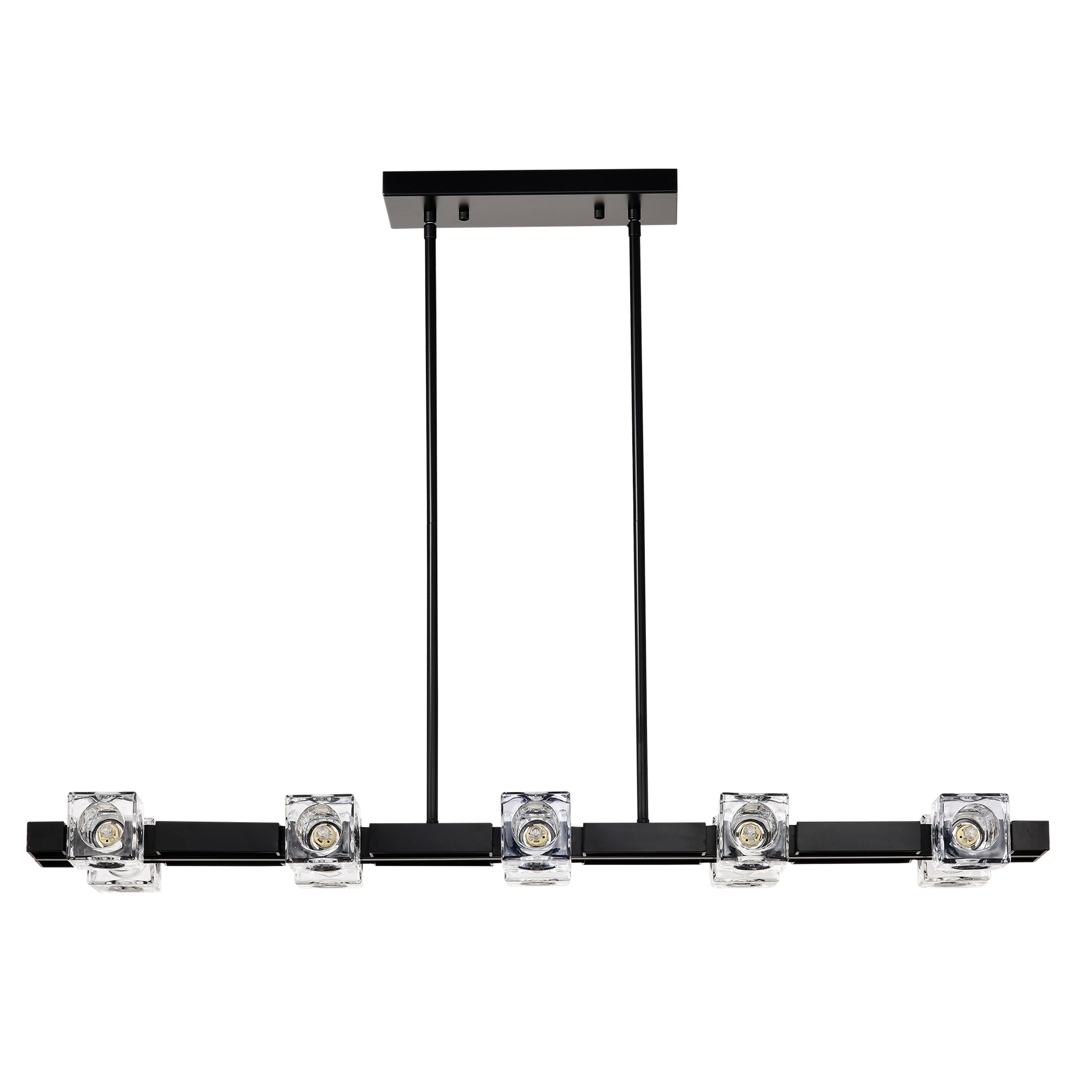 Modern black linear chandelier with five crystal cube shades and adjustable arms for dining rooms