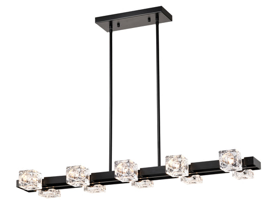 Modern black linear chandelier with clear crystal cube accents and warm LED lighting