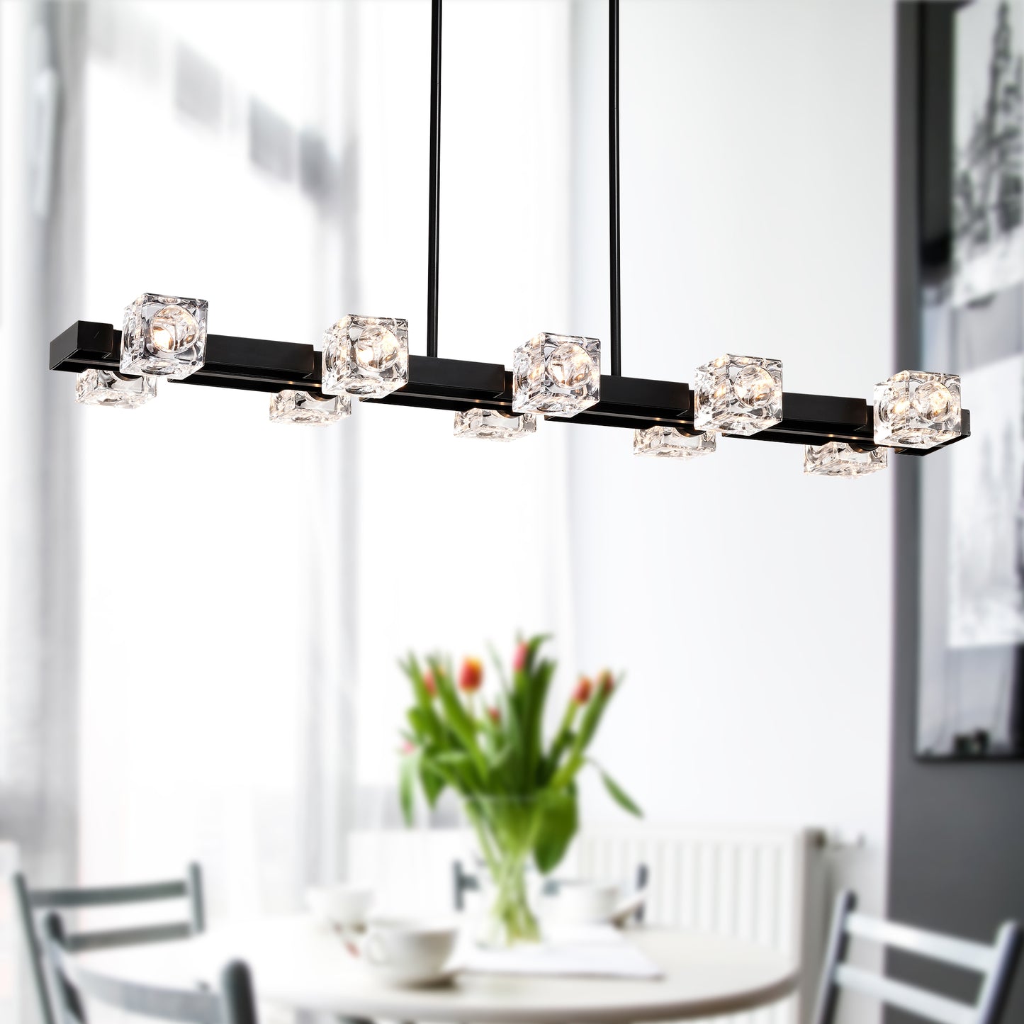 Modern black linear chandelier with crystal cube accents