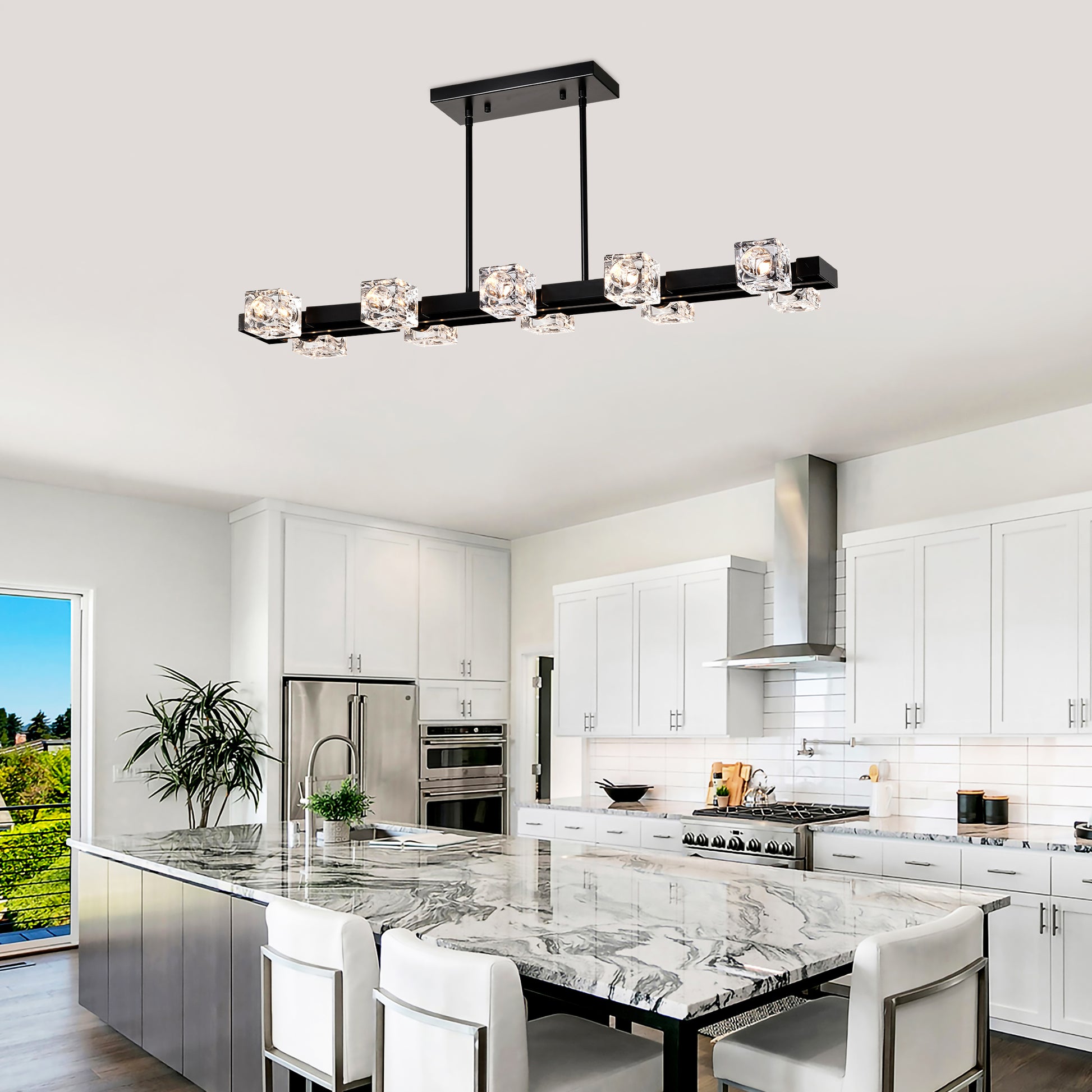 Modern linear chandelier with crystal cube shades and a black metal finish